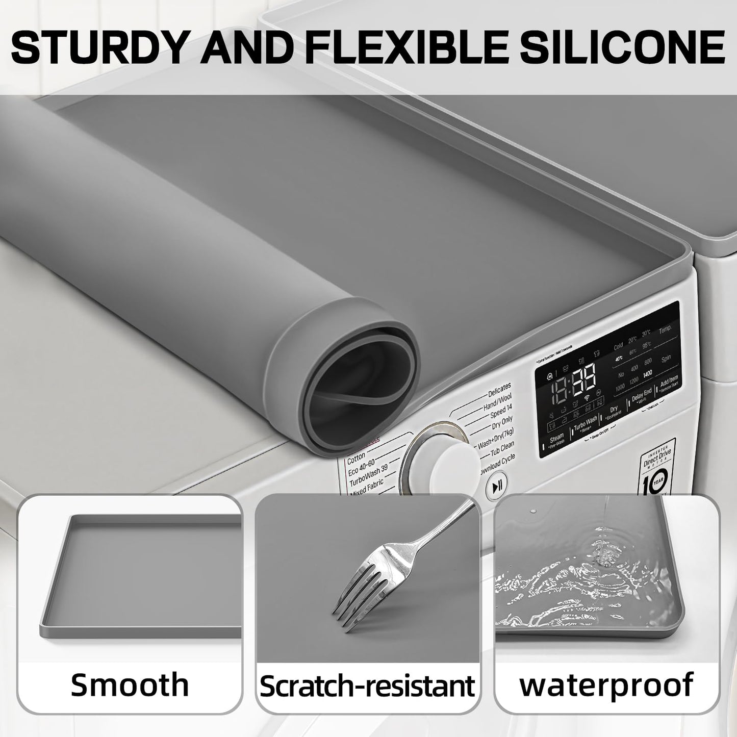 NAMTSO 2 Pack Washer and Dryer Covers Rubber Mat - 27x27 Inch Soft Silicone Tray, Front Load Washer Dryer Topper for Laundry Room, Waterproof Cat Litter Mat, Non-Slip Shoe Mat for Home, Gray