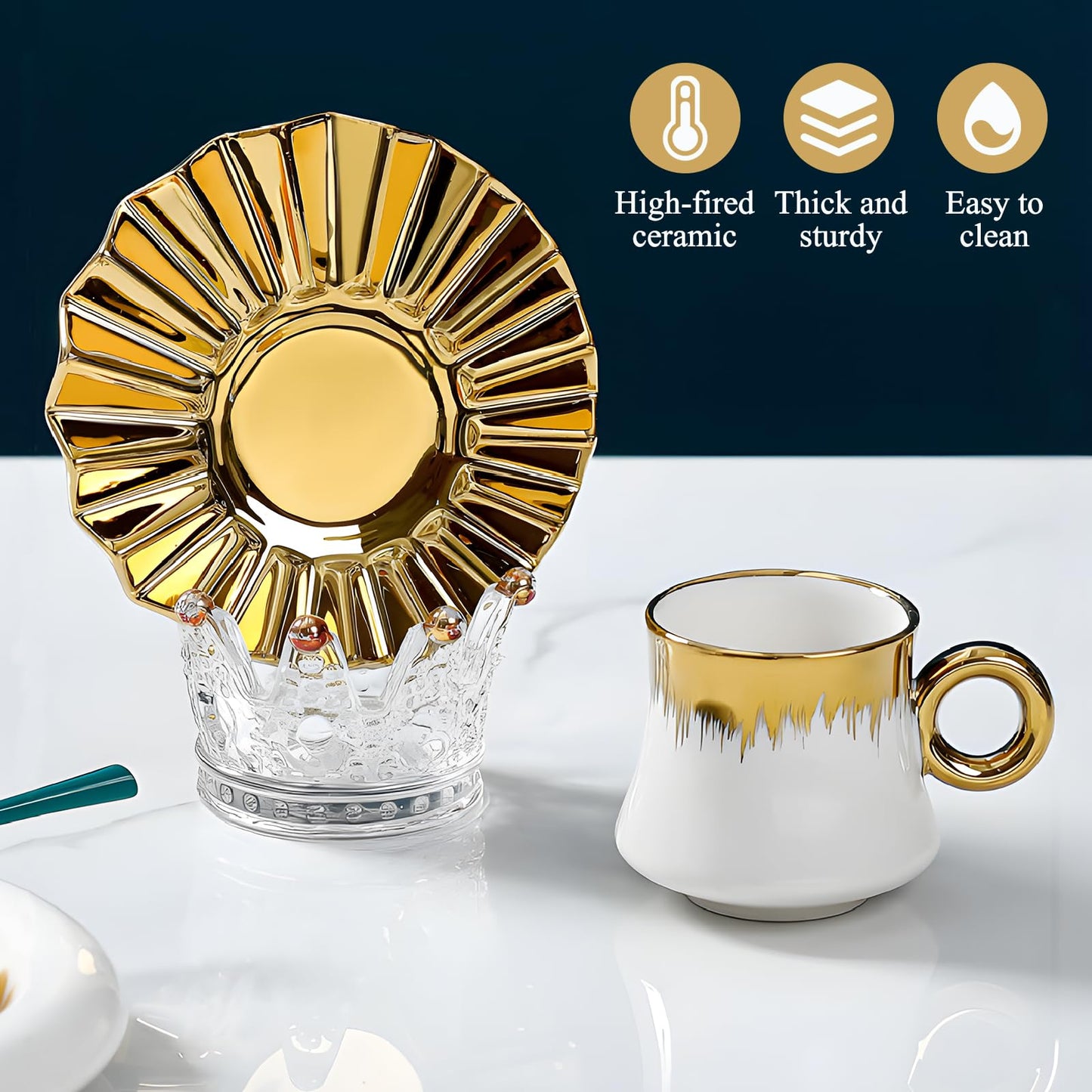 Kytree 3.5oz Ceramic Turkish Coffee Cup Set of 6, Porcelain Espresso Cups and Saucers British Italian Cappuccino Cups with Gold Trim for Double Espresso Cappuccino Latte Mocha Tea (White)