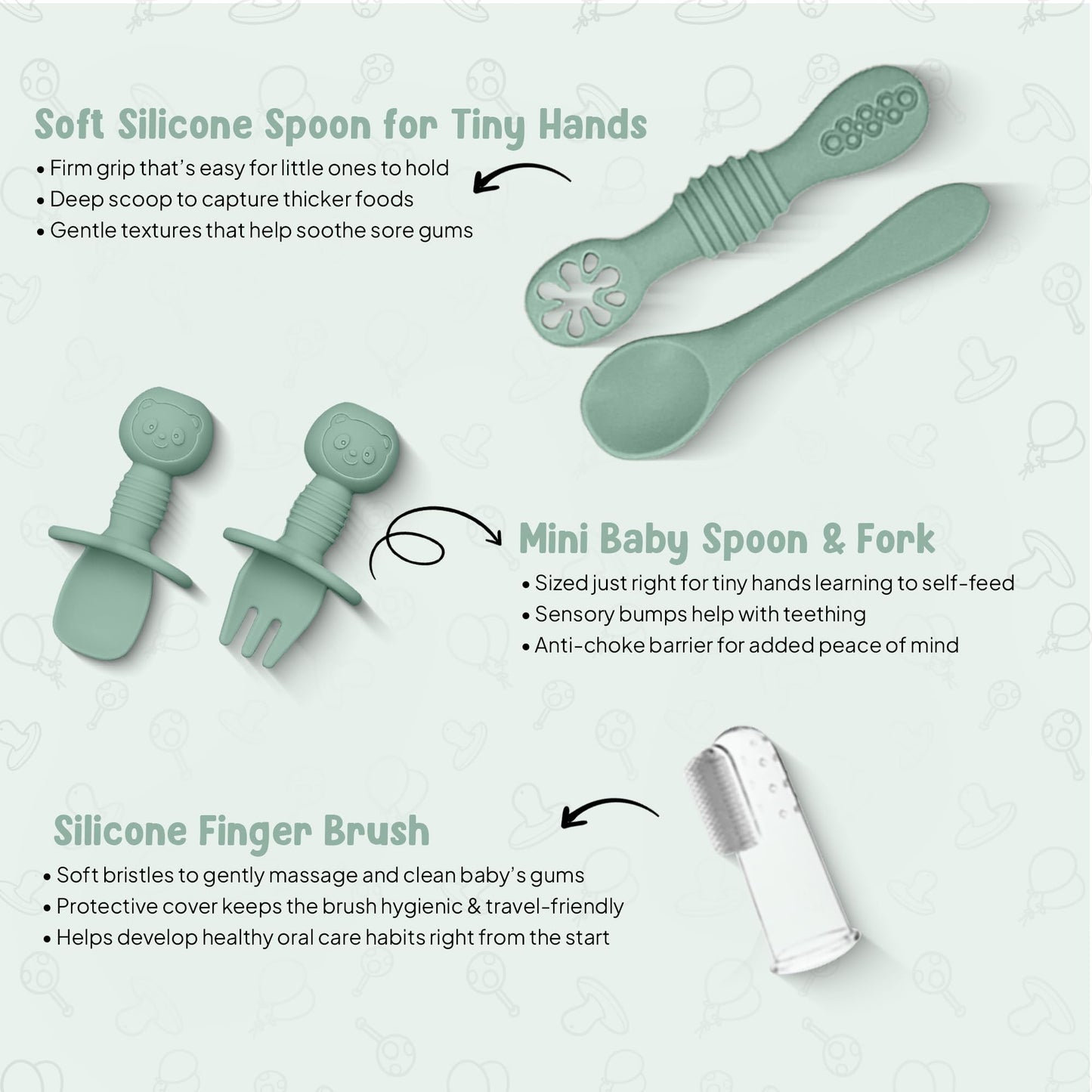 O'doe 11-Piece BPA-Free Silicone Baby Feeding Set | Thick & Soft Suction Plates, Baby Bowls, Wooden Fork & Spoon, and More | Make Mealtime Fun and Easy for Your Little One (Green, V1)
