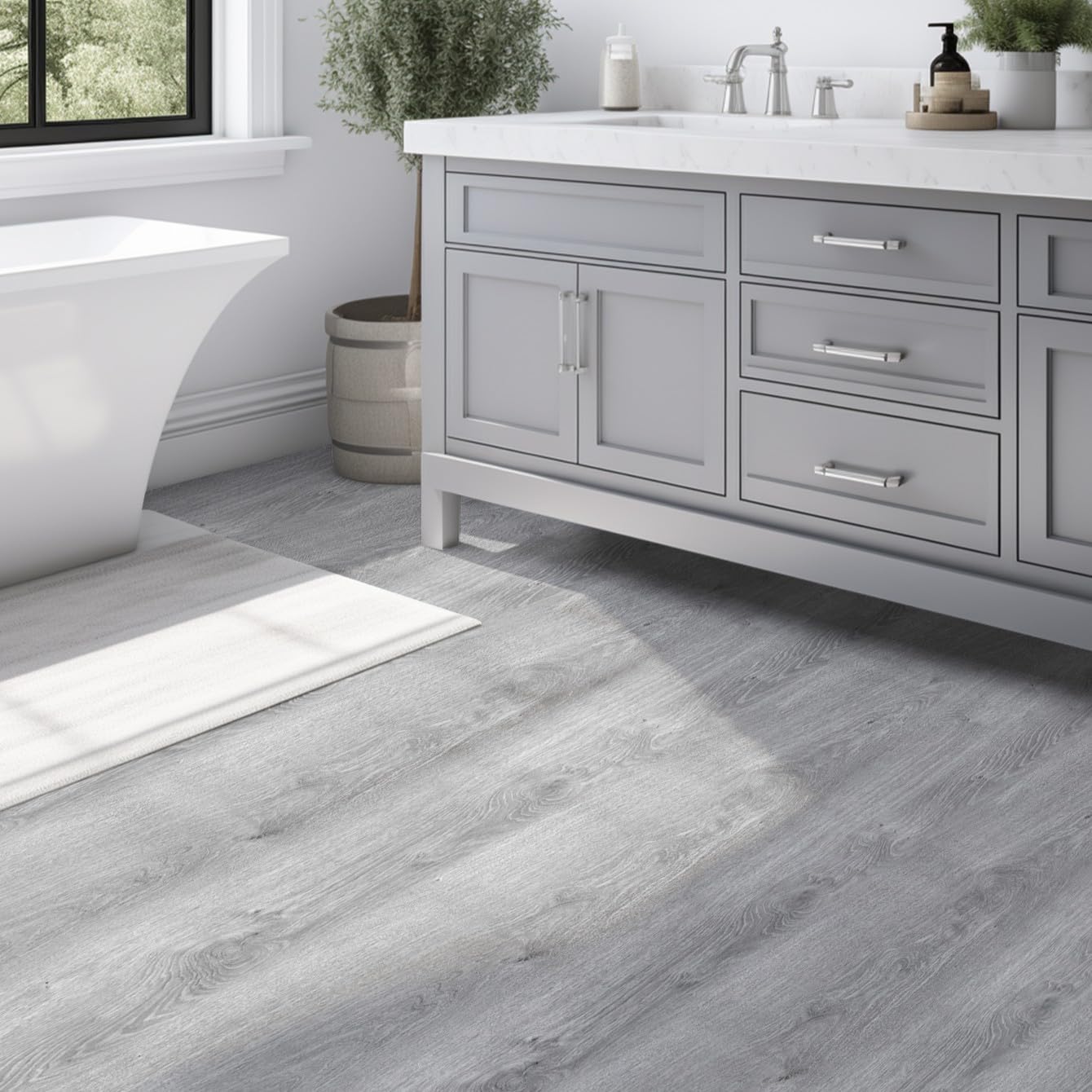 Luxury Thicken Wood Grain Peel and Stick Floor Tiles Self-Adhesive Vinyl Flooring Roll-DIY Easy for Wall and Floor,Hard Surface/Waterproof/Anti Slip (Light Gray Vinyl Flooring, 17.72 "W x 393.7" L)