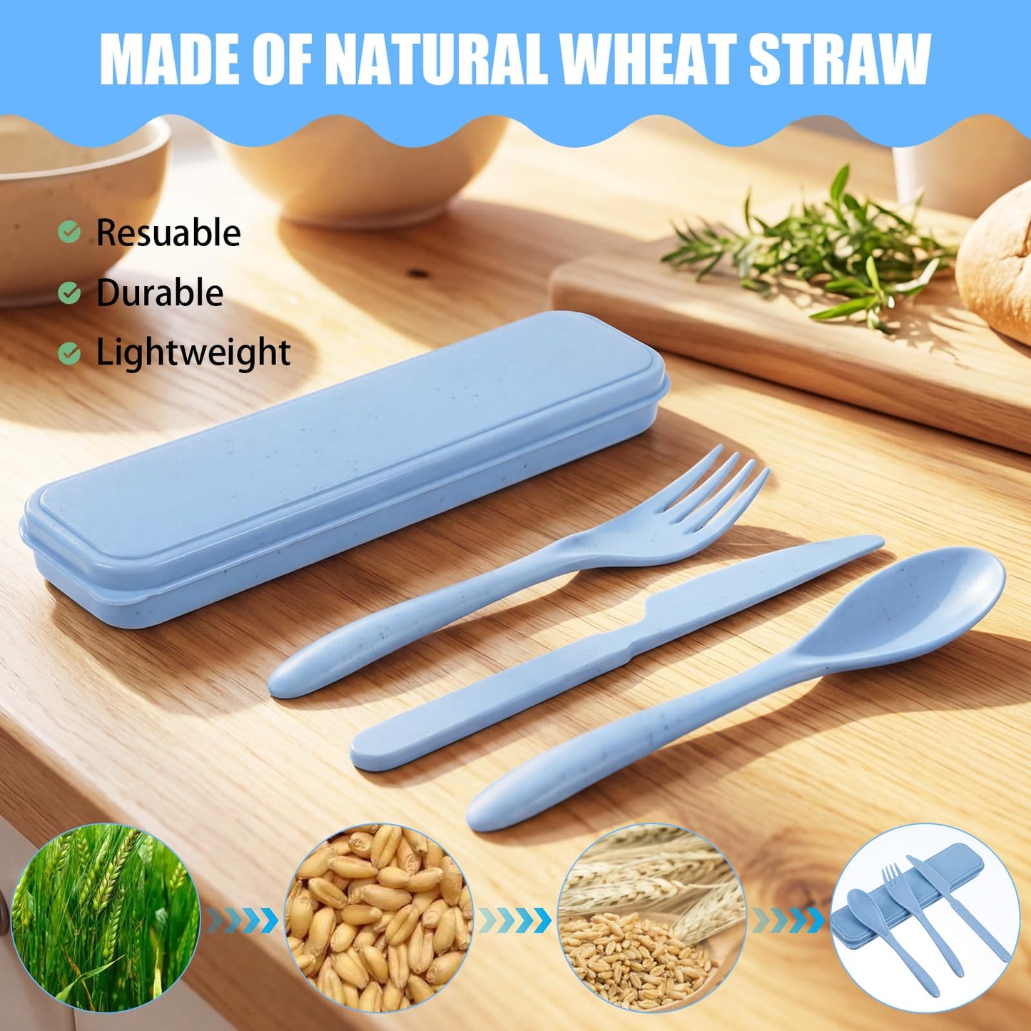 Reusable Utensils Set with Case, 28 Sets Wheat Straw Lunch Utensil Set, Portable Spoon Fork Knife Cutlery for Travel Camping Picnic Office Bento Box, Eco-Friendly BPA Free Tableware