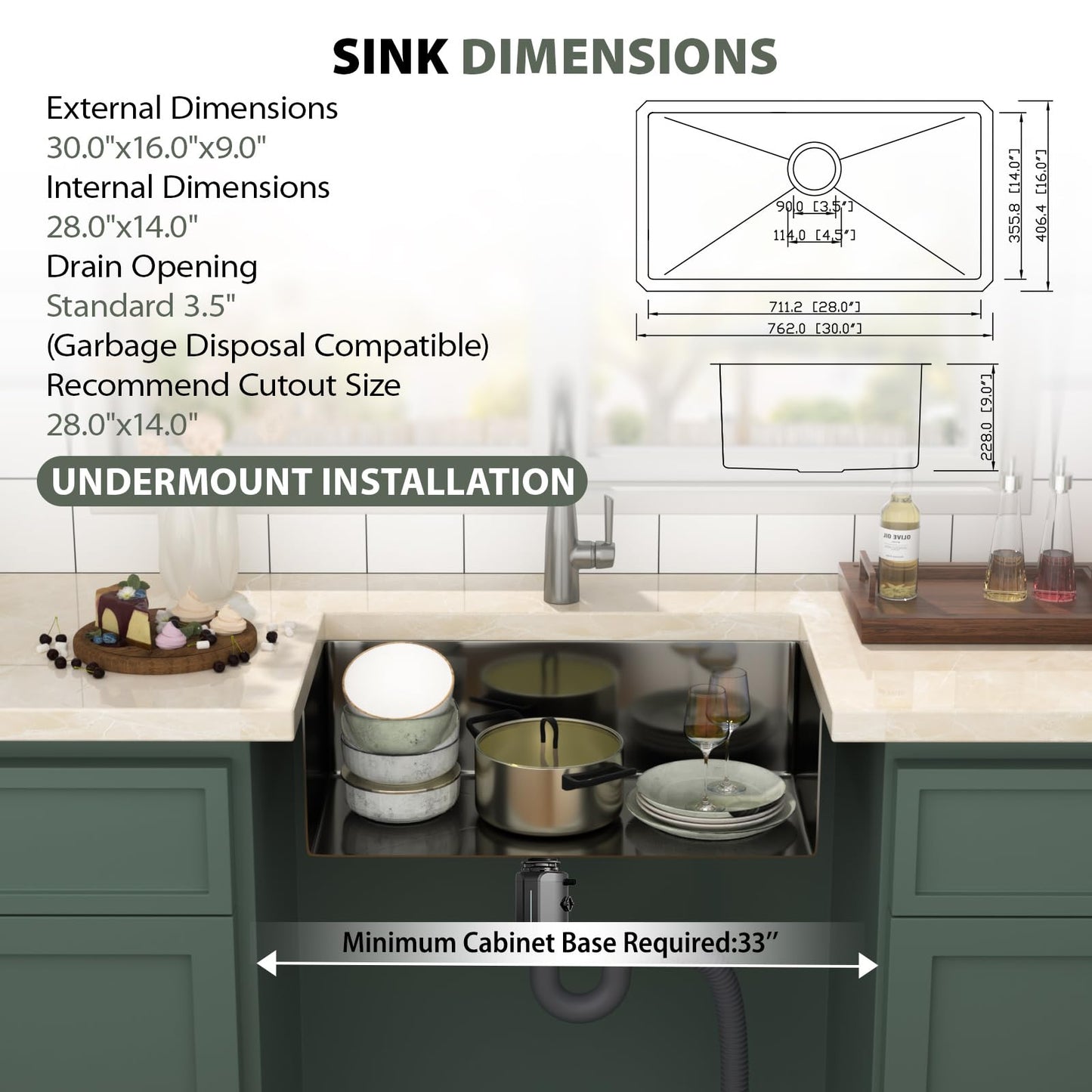 Mocoloo 30 Inch Undermount Kitchen Sink - 30"x16" Black T304 Stainless Steel Handmade Single Bowl Deep Basin Under Counter Sink with Drain Assembly