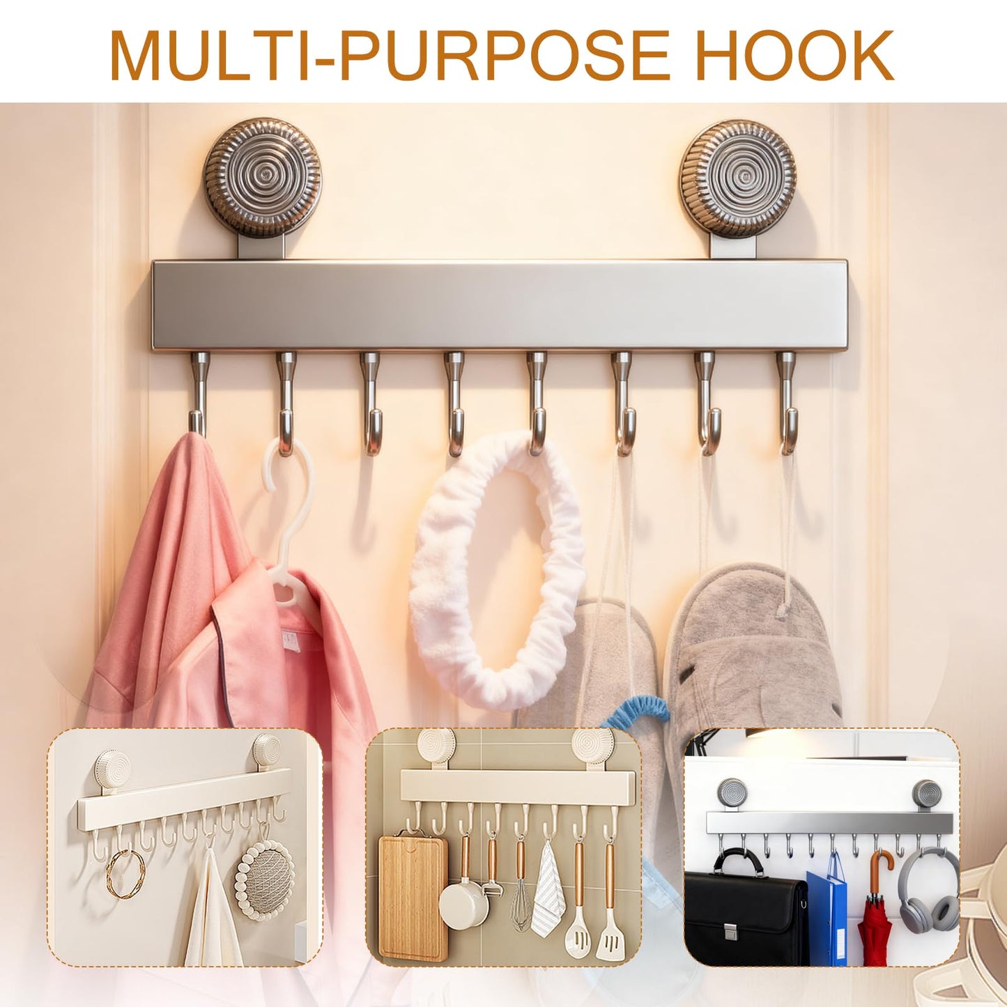 Kitchen Wall Hooks with 8 Hooks – Wall Mounted Kitchen Utensil Holder Organizer Rack for Hanging Pots, Pans, Towels, Spoons, Heavy Duty Rail(Gunmetal Gray)