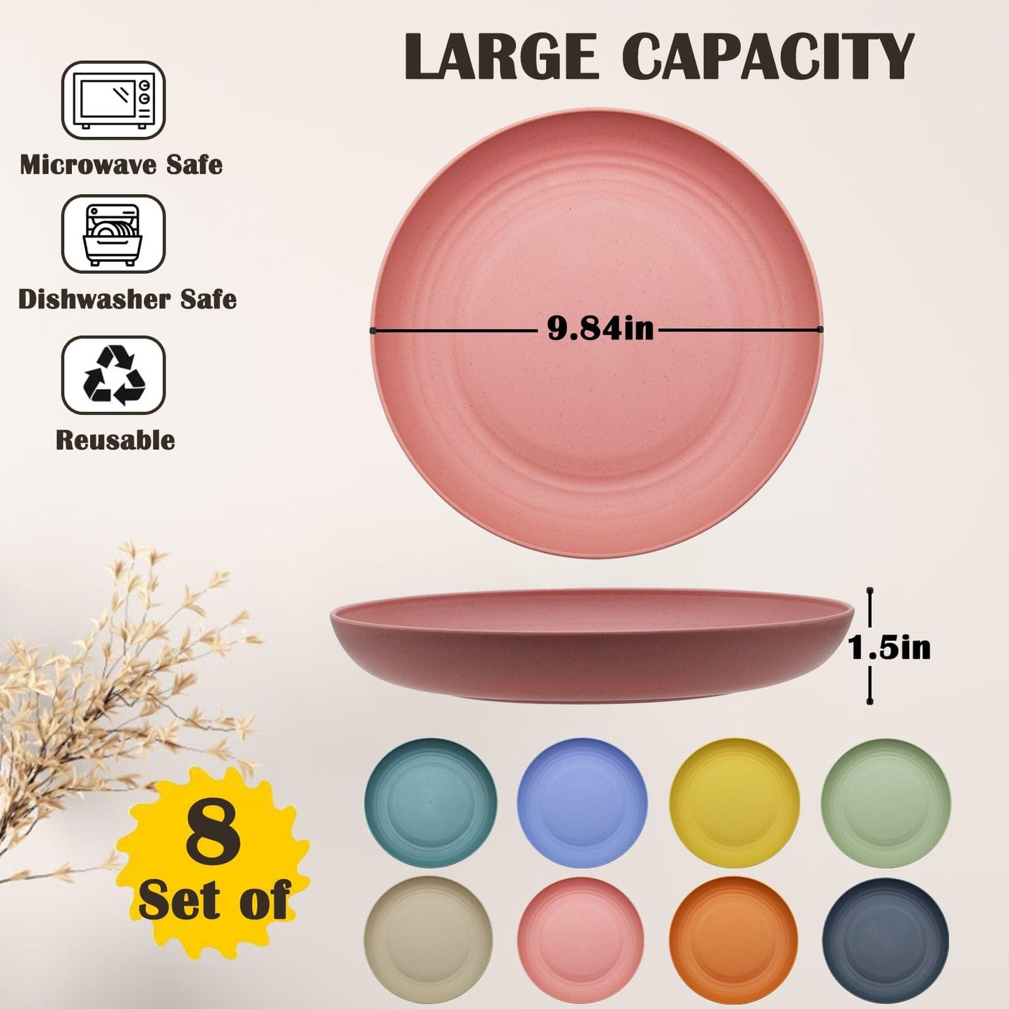MKYHBOO Deep Dinner Plates Set, 10in Unbreakable Wheat Straw Plates, 8pcs Lightweight Dinner Dishes, Microwave and Dishwasher Safe Plate for Kitchen