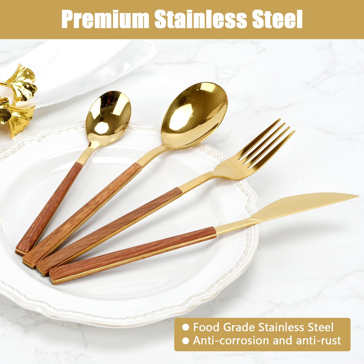 Golden Silverware Set, 24 Piece Flatware Cutlery Set for 6, 18/10 Stainless Steel Silverware, Gold Cutlery Set Utensils Set, Tableware Include Forks Knives Spoons