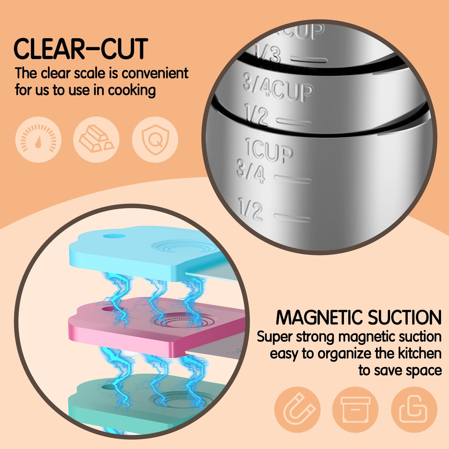 Minteem Magnetic Measuring Cups, 5 Stainless Steel Nesting Measuring Cup Set for Measuring Dry or Liquid Ingredients