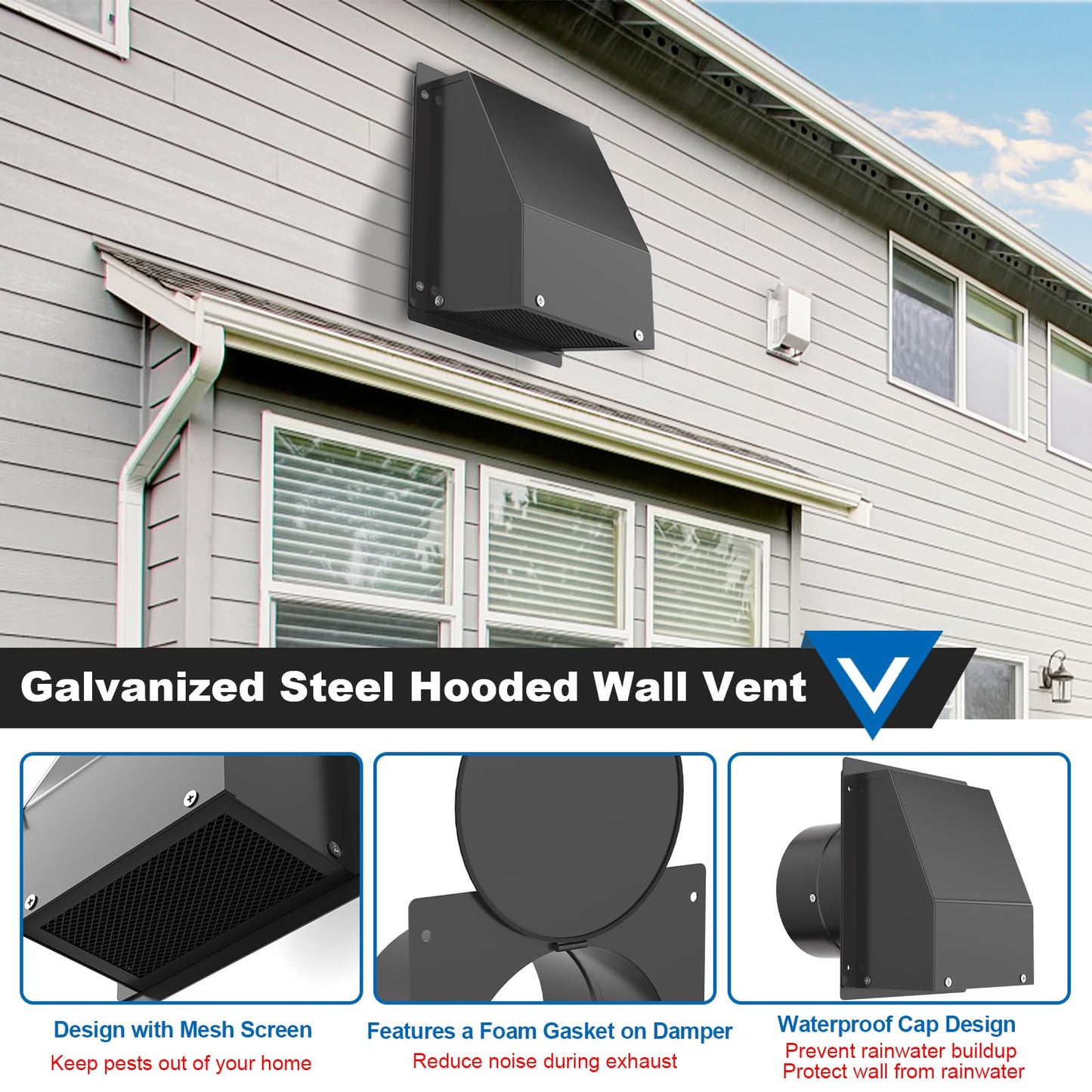 6 Inch Wall Vent with Screen and Damper, Galvanized Steel Hooded Wall Vent Cover Black Metal Exhaust Duct Cap Kit with Hose Clamp Aluminum Foil Tape Screw for Outdoor Laundry Room Kitchen Range Hood