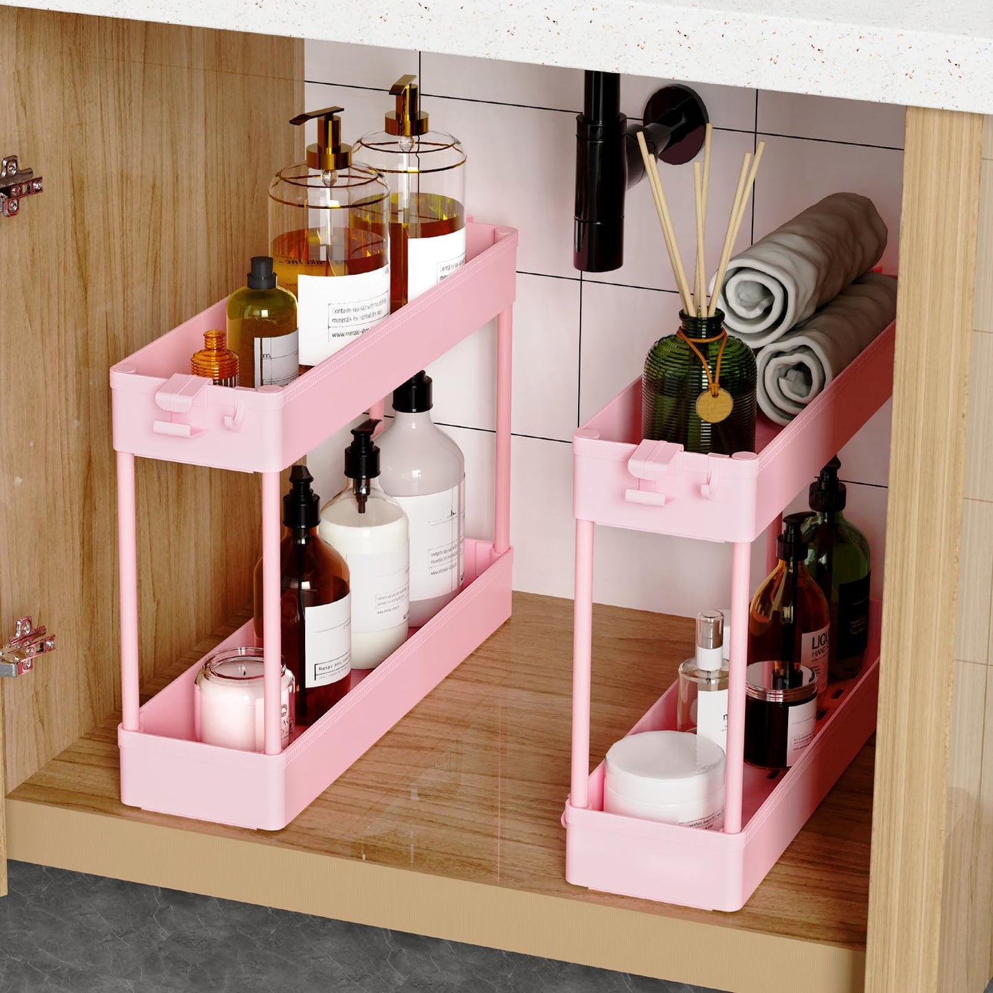 SPACEKEEPER Slim Rolling Storage Cart 4 Tier Bathroom Organizer Utility Cart Mobile Shelving Unit Tower Rack for Kitchen, Laundry Room, Bathroom, Narrow Places, Pink