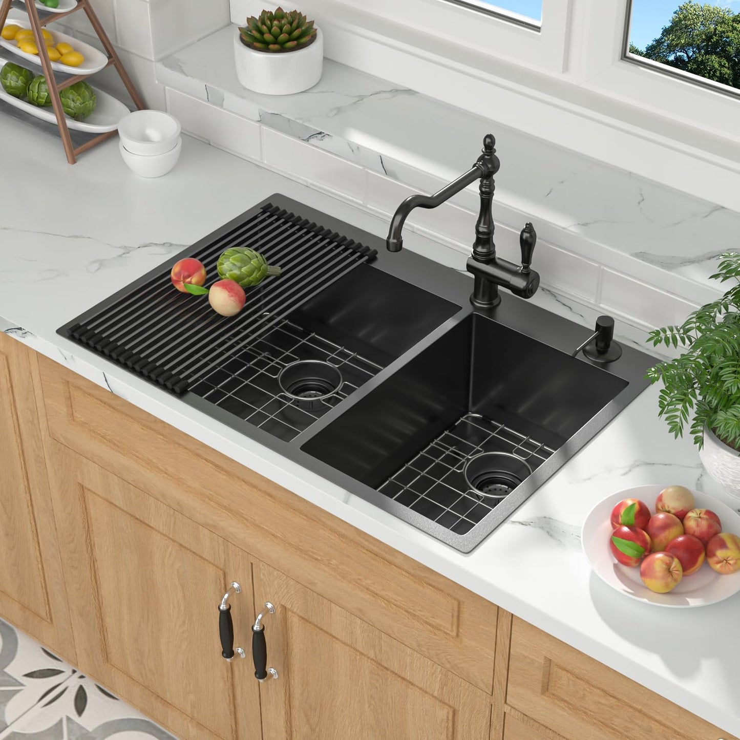 Mocoloo 33 Black Drop In Kitchen Sink 33x22 Inch Gunmetal Black Stainless Sink Double Bowl 60/40 Topmount 16 Gauge Kitchen Sink Handmade Basin