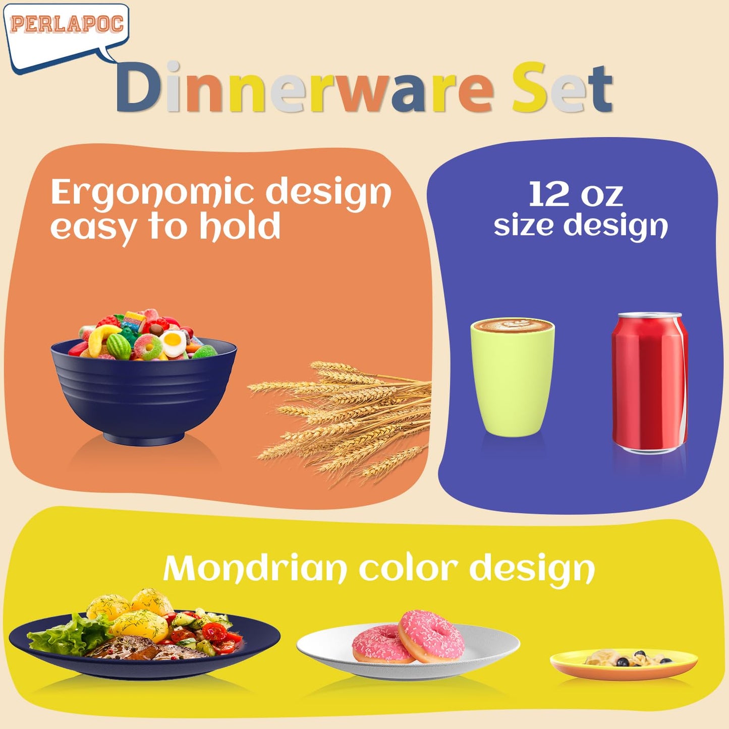 Perlapoc Wheat Straw Dinnerware Sets 40 PCS - Dishes Set for 8 Unbreakable Plates and Bowls Sets with Cups Dishwasher & Microwave Safe Lightweight Dinnerware for Kitchen Camping RV - Mondrian Colors