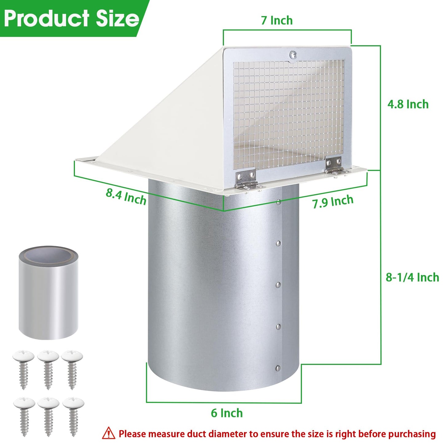 6 Inch Hooded Wall Vent with Screen and Damper,6 Inch Exhaust Vent Cover Cap for Outdoor Kitchen Range Hood Dryer Ventilation,Outside Wall Mount Extractor for House Air Exhaust,Galvanized Steel,White