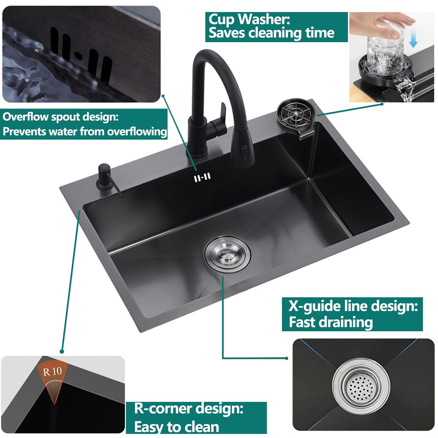 YINXSLO Black Kitchen Sink with Faucet, Top Mount/Drop-In 3 Hole Single Bowl Stainless Steel Sink with Cup Washer, Soap Dispenser, Drainage kit for Bar, Kitchen, Balcony (19.7 * 17.7in)