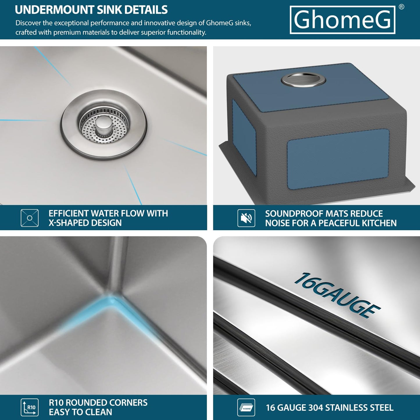 GHOMEG 15 Undermount Kitchen Sink 15"x17"x8" Single Bowl 16 Gauge Stainless Steel Under Counter Single Bowl Kitchen Sinks Basin with Drain Strainer