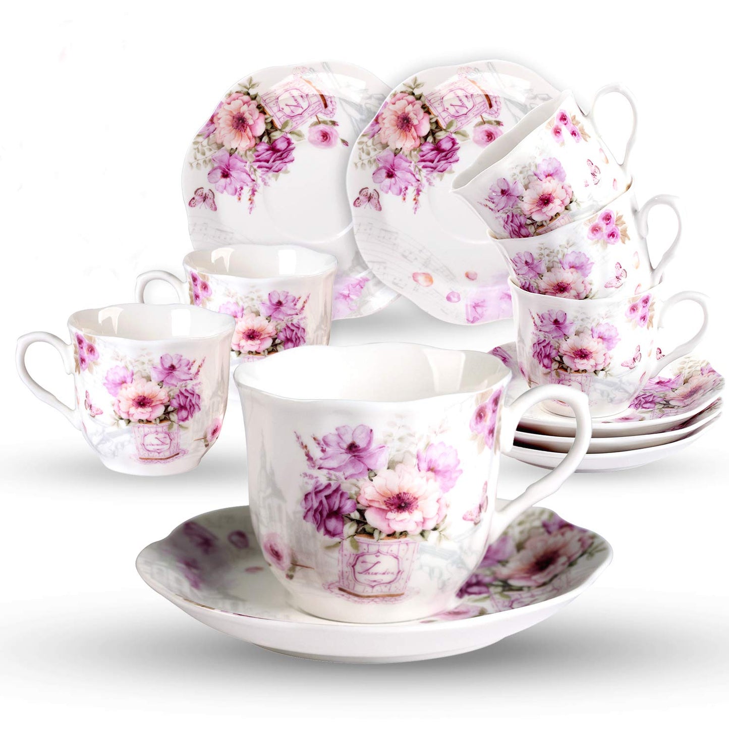 GuangYang 7 oz Porcelain Tea Cups and Saucers set of 6,Purple Fancy Floral Pattern (Perfect for Cappuccino, Flat white Coffee, Americano, Hot Tea, or Desserts)