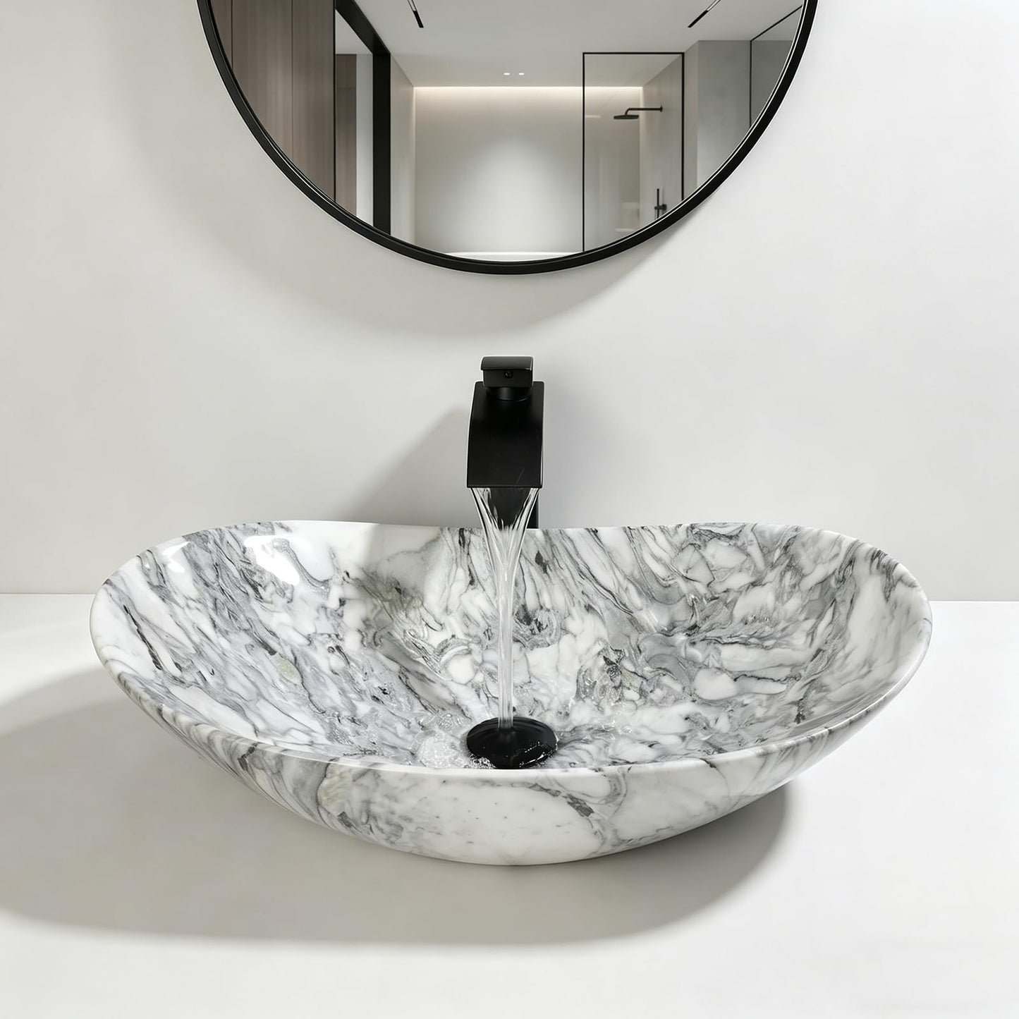 Zoyueyu 24x14 Inch Vessel Sink with Waterfall Faucet and Pop-up Drain Marbling Bathroom Sinks Ceramic Above Counter Bowl Sink Oval Bathroom Sink Porcelain