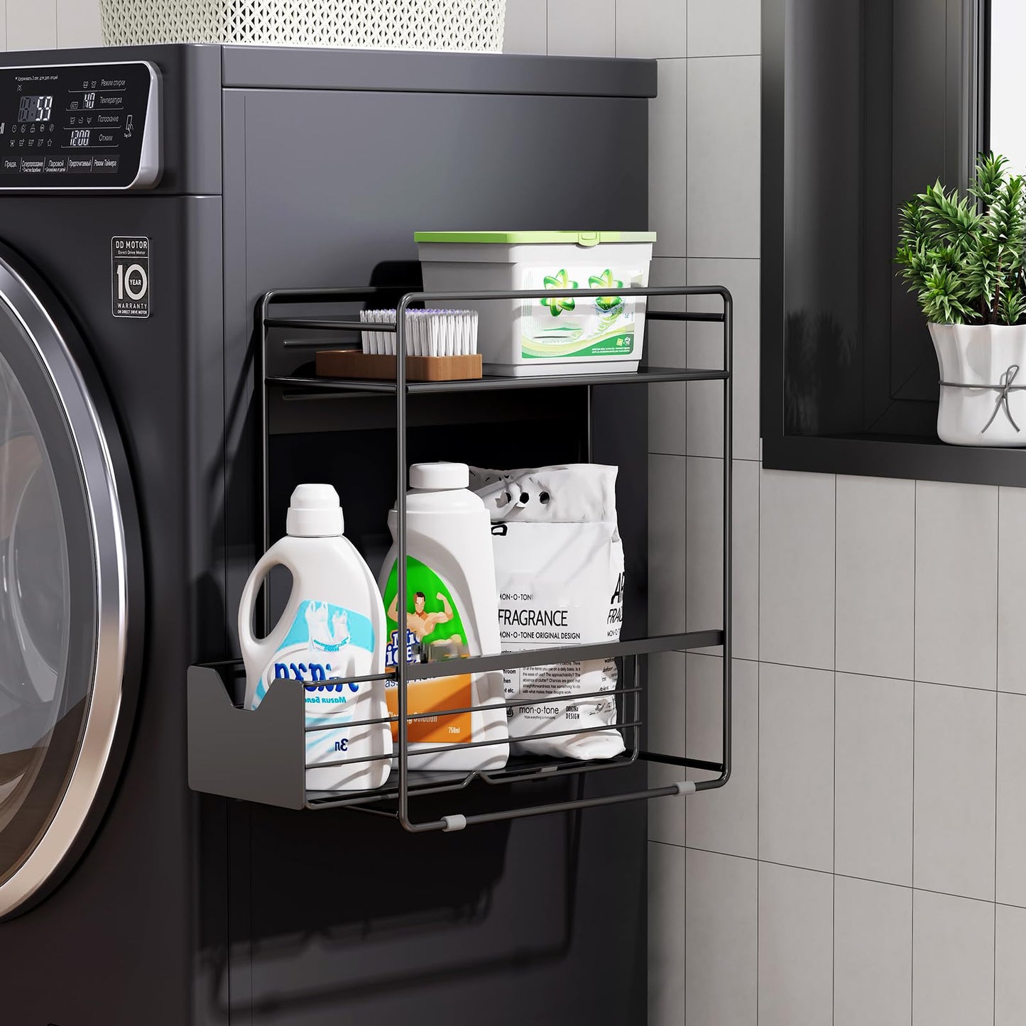CABTE 2 Tier Magnetic Shelves for Washing Machine with Pull Out Metal Drawer,Magnetic Spice Rack for Fridge,Magnetic Rack with no Installation, Versatile Storage Organizers for Home (Black, 2 Tier)