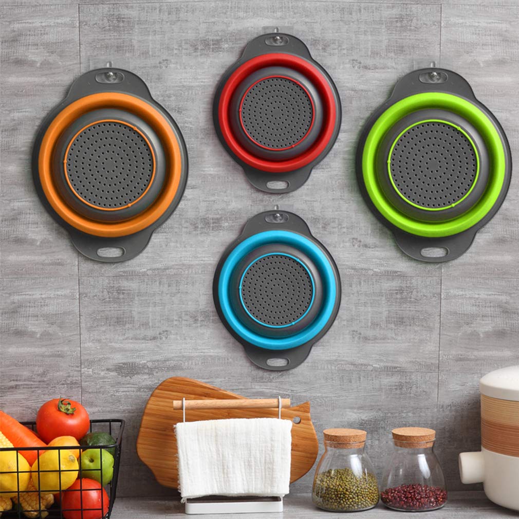 QiMH Collapsible Colander and Strainer Set of 4, 2 PC 4 Quart(1 gal) and 2 PC 2 Quart(0.5 gal), Food-grade Sturdy Plastic Base - Round Space-save Silicone Kitchen Foldable Strainer for Pasta, Veggies
