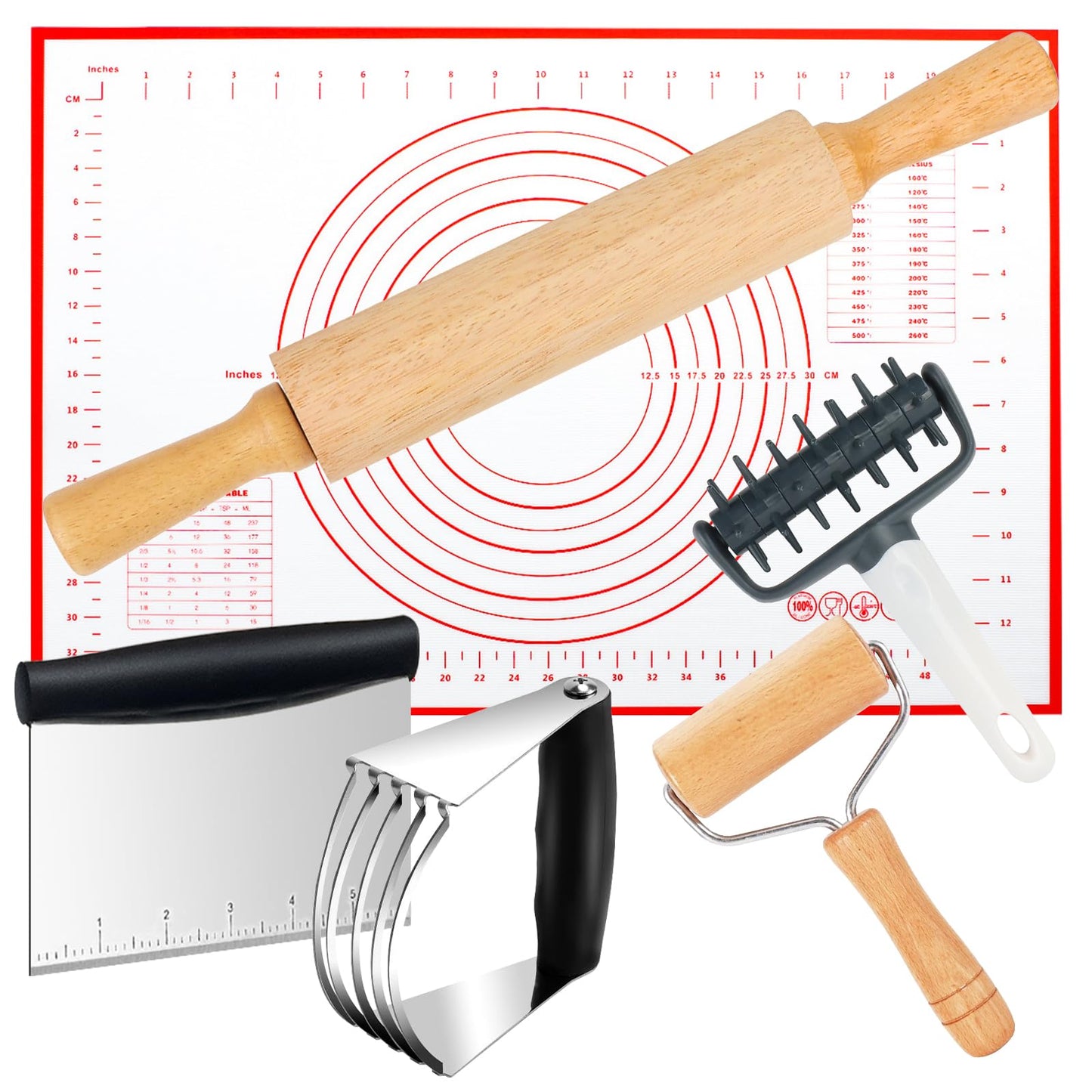 Wooden Rolling Pins for Baking, Small Dough Roller with Handle, Stainless Steel Pastry Blender Set with Pizza Dough Roller Docker, Pastry Cutter, Dough Cutter, Baking Mat, for Home Kitchen Cooking