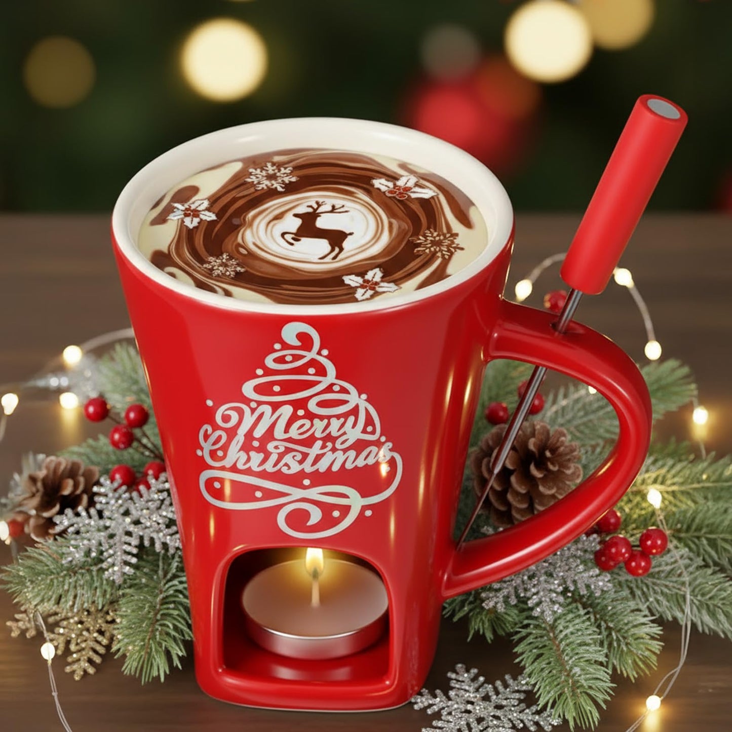 Honeydak Christmas Chocolate Fondue Mug with Fork and 3 Candle Sweet Ceramic Personal Chocolate Melting Cup Ideal Xmas Gifts Birthday Date Night Birthday Wedding Gifts(Red,Classic)