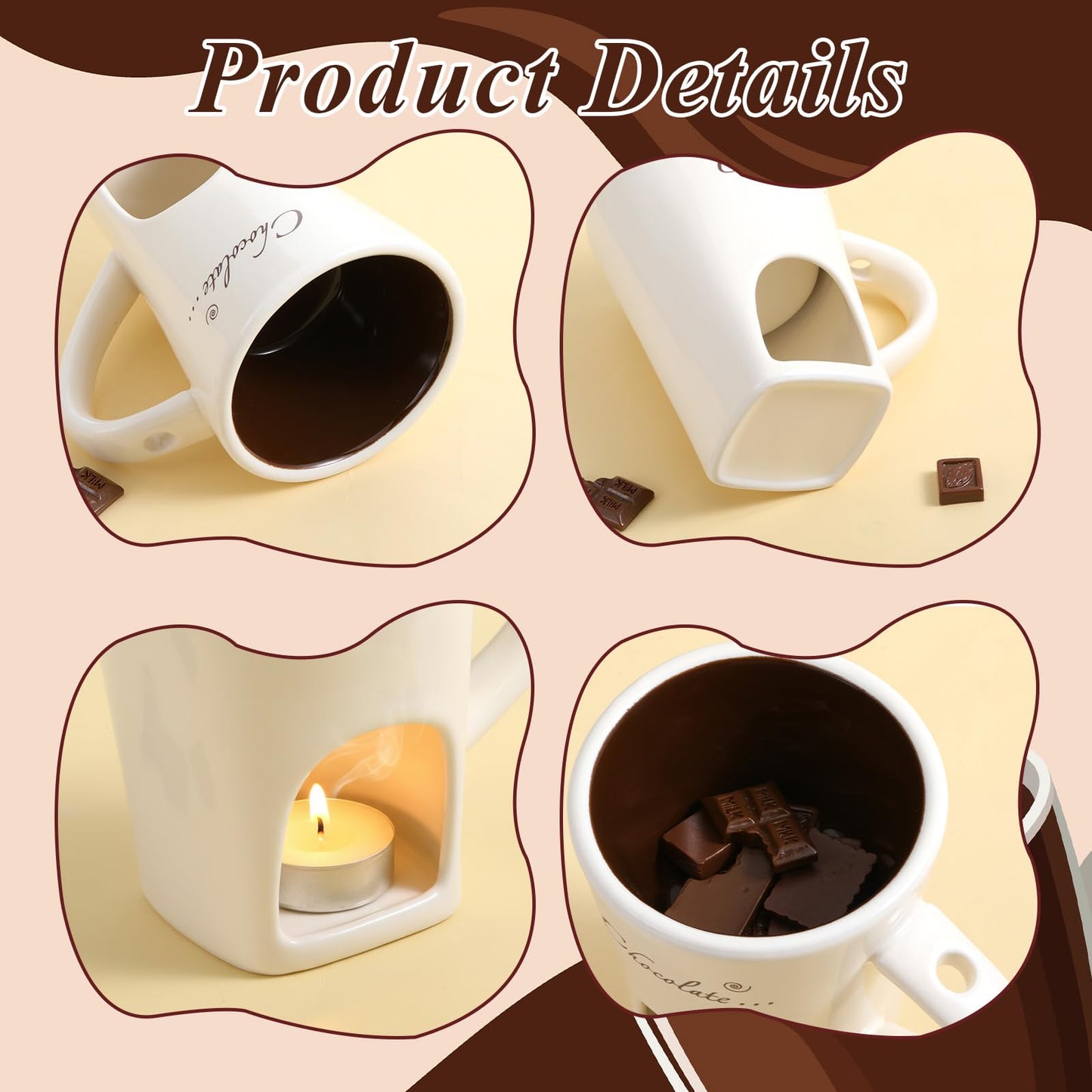 IMengjbang 2 Pack Ceramic Chocolate Fondue Mugs with 2 Forks, White Personal Fondue Mugs Melting Pot for Cheese Caramel Butter Suitable for Date Night Birthday Wedding Gifts