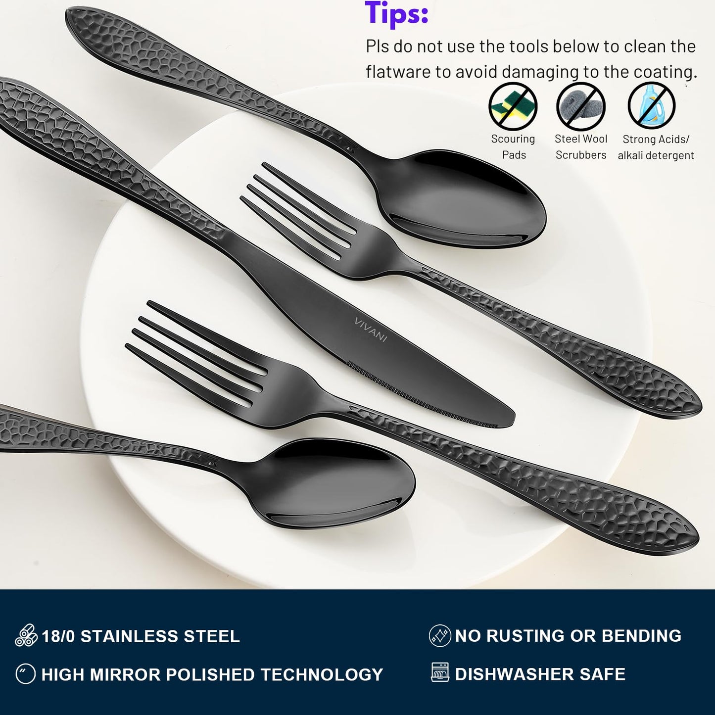 VIVANI 40-Piece Black Silverware Set for 8, Hammered Flatware, 18/0 Stainless Steel Cutlery, Dishwasher Safe Utensil Set for Contemporary Kitchens, Restaurant Style & Everyday Dining