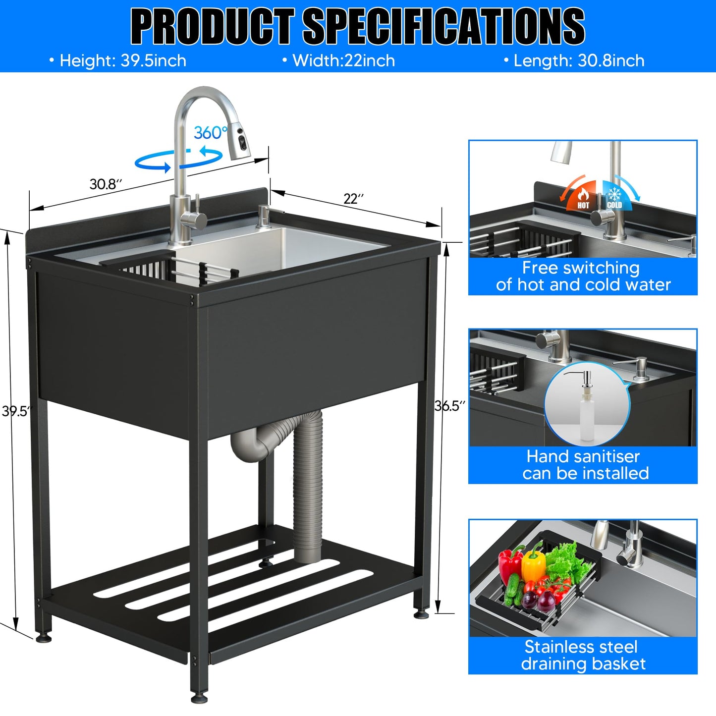30inch Stainless Steel Utility Sink, Commercial Kitchen Single Bowl Sink with Cold and Hot Water Faucet,Hoses and Drain Kit,Stainless Utility Sink for Kitchens, Bathrooms, Garage, Laundry Room