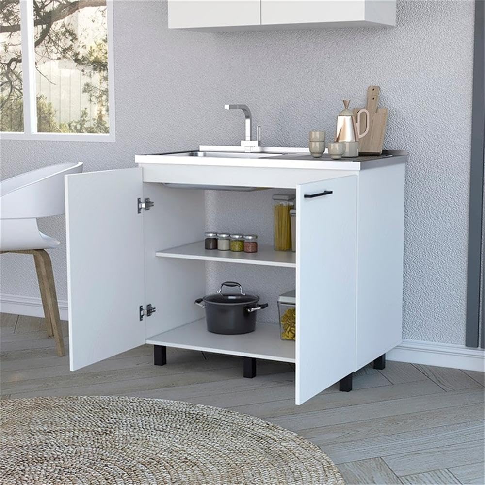 Tuhome Napoles Utility Sink with Cabinet, Stainless Steel Countertop, Interior Storage Shelf, Wide Dual-Door Base Cabinet,Modern Multi-Purpose Laundry and Kitchen Utility Station for Home Organization