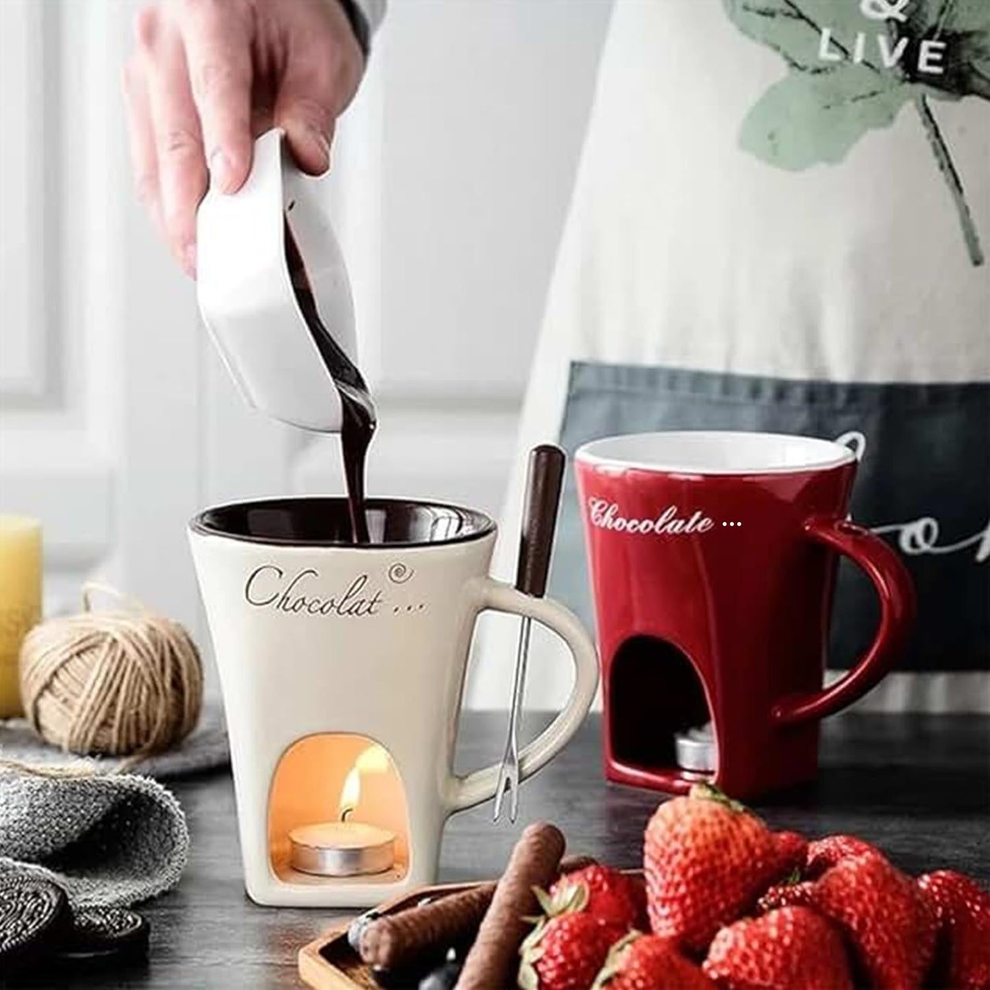 Sweet Fondue Cup for Date Night and More, Chocolate Fondue Mug with Fork, Personal Chocolate Melting Cup for Cheese, Ceramic Chocolate Melting Cup For Birthday Wedding Gifts (Red)