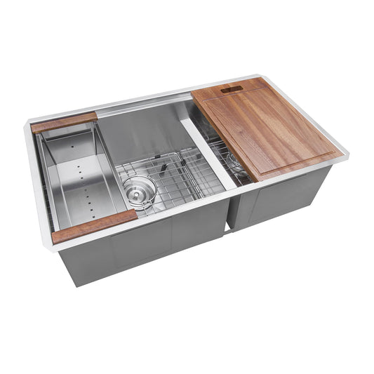 Ruvati 33-inch Workstation 60/40 Double Bowl Undermount 16 Gauge Stainless Steel Ledge Kitchen Sink - RVH8356