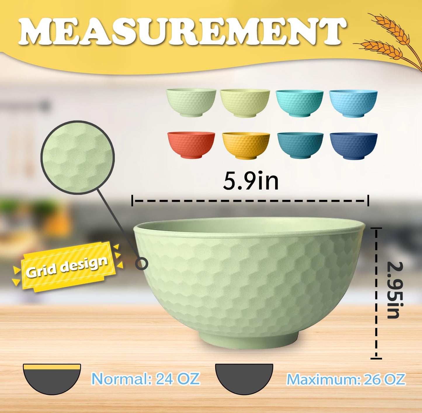 Teivio 16-Piece Cereal Bowls,26oz Wheat Straw Bowls Set, Unbreakable Durable Plastic Bowls for Kitchen, Camping, Kids Salad Snack Bowl Reusable,Dishwasher Safe, Multicolor