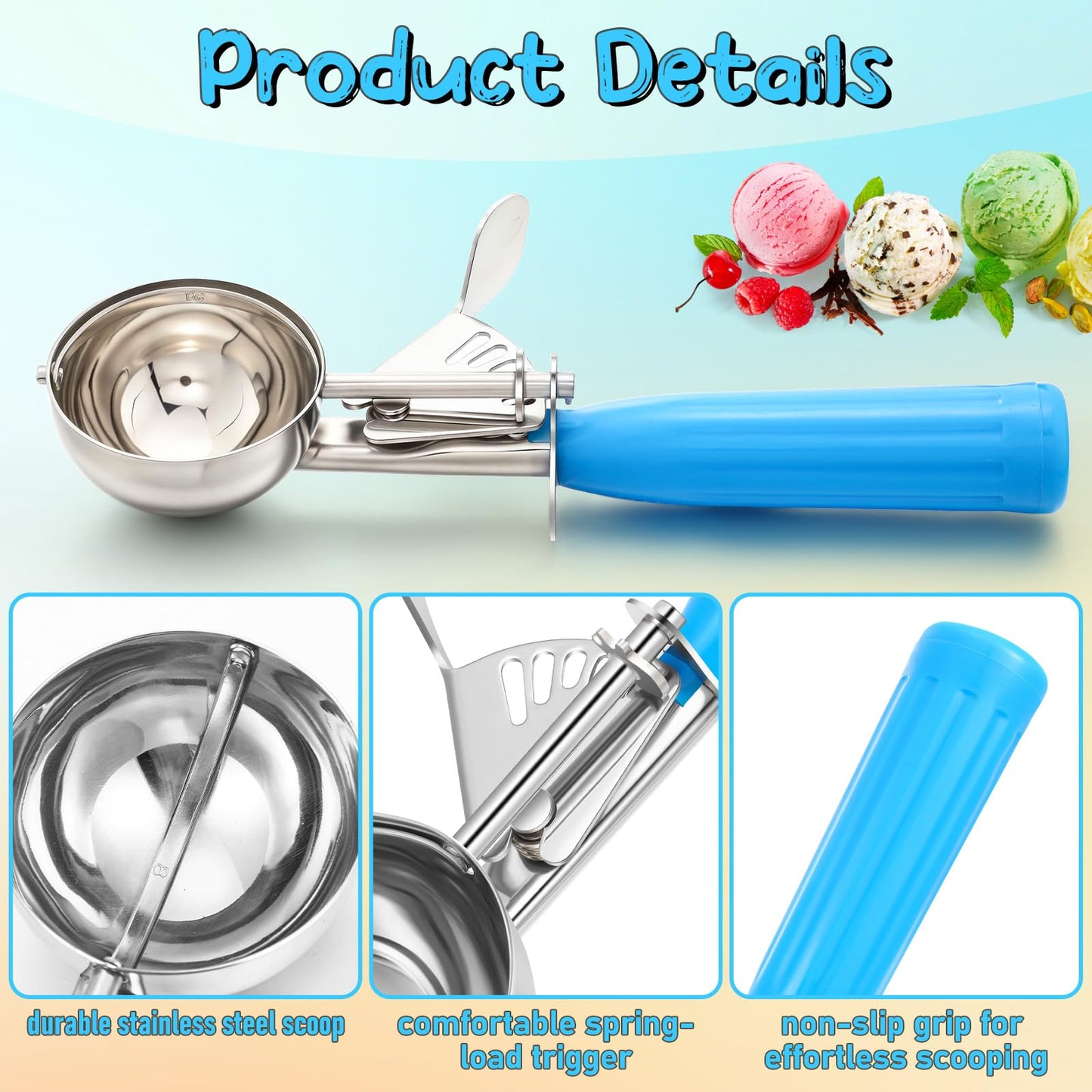 Reallnaive 2 Pcs Release Cookie Scoops Ice Cream Scooper with Trigger Release Portion Scoop Stainless Steel for Portion Control, Baking Food, Cookie Dough (2 oz,Blue)