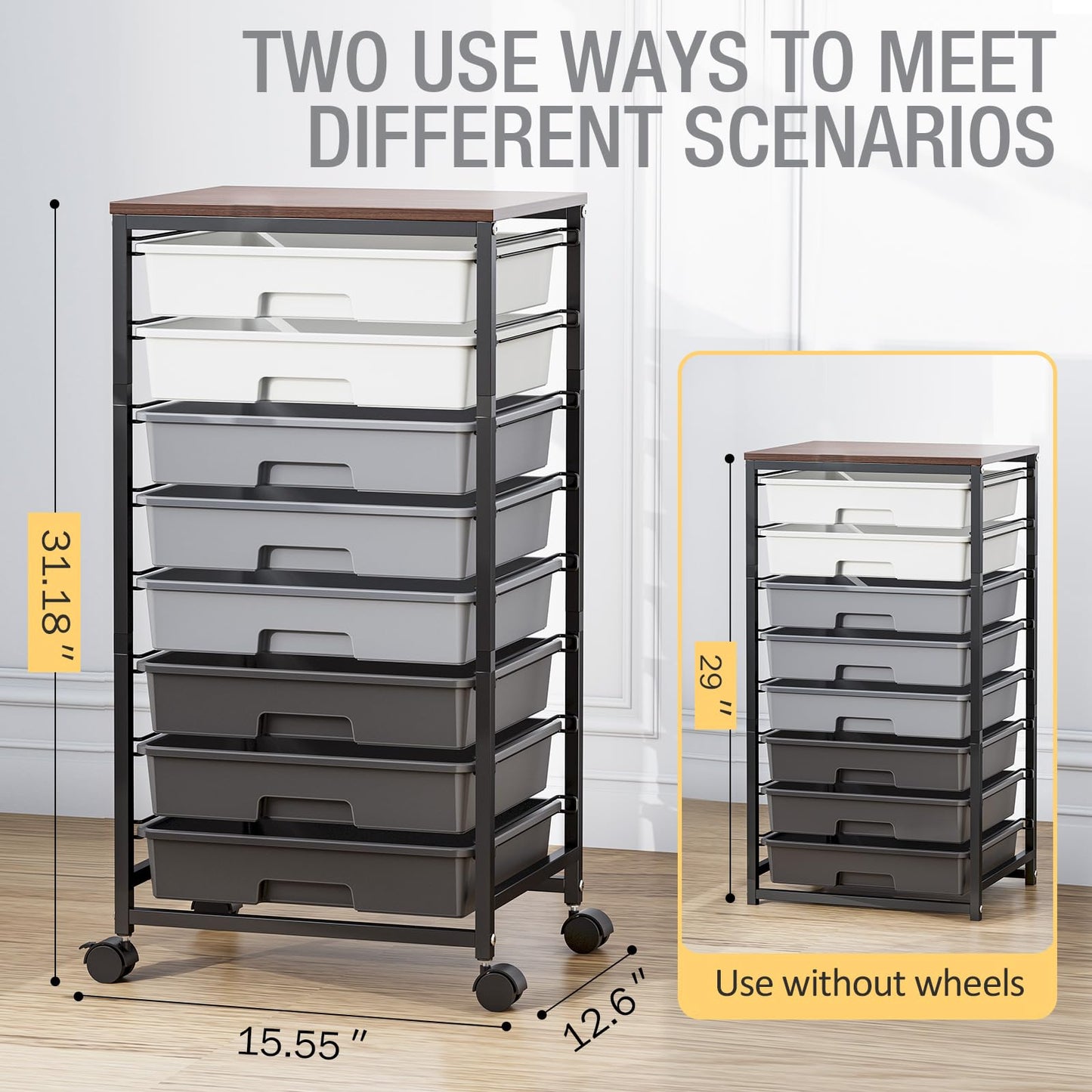 Rolling Storage Cart with 8 Drawers, Utility Cart on Wheels with Wooden Tabletop, Utility Cart for Teacher Storage, Office Organizer, Classroom Storage Cart, Craft Storage, Grey