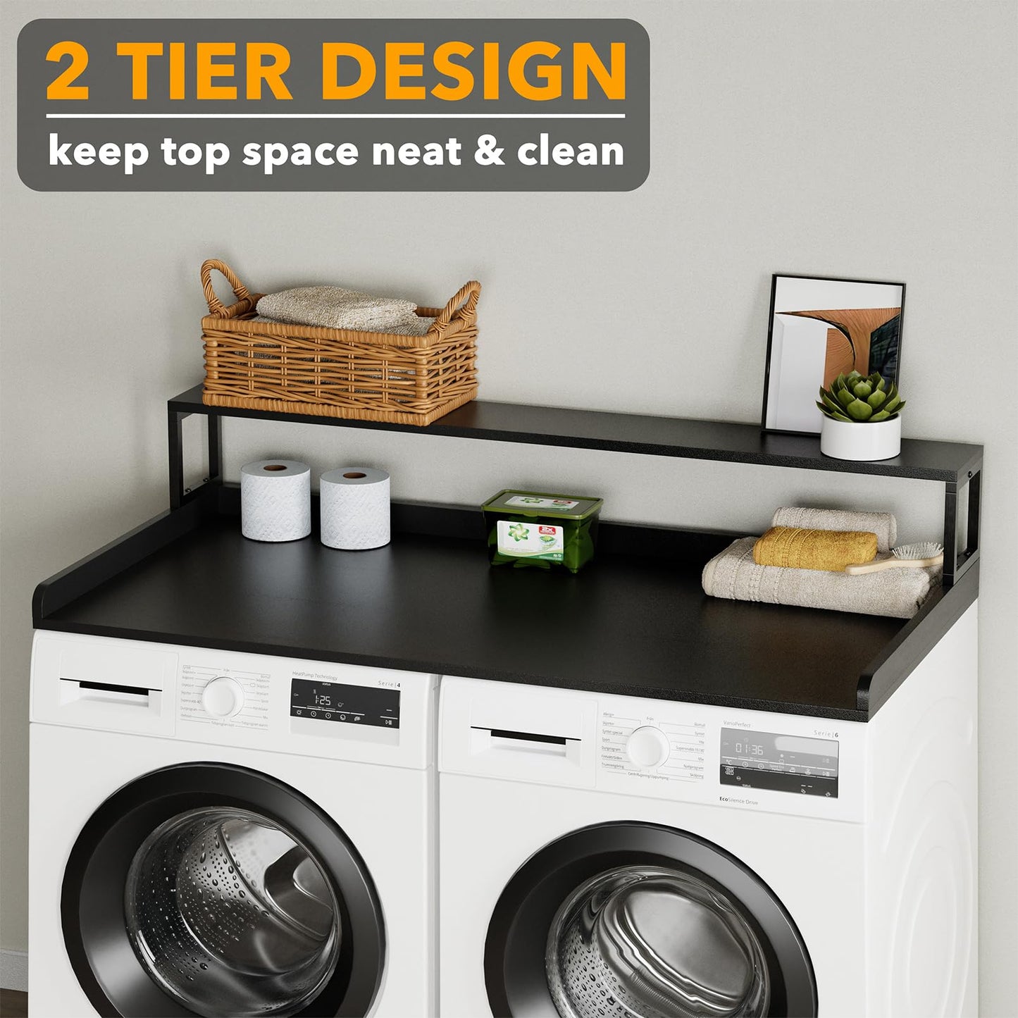 SpaceAid 2-Tier Washer Dryer Countertop, Laundry Topper with Rack Shelf 54" Width x 27.5" Depth x 10" Height Organizer Cover for Washer and Dryer Laundry Hamper Counter Storage (Black)