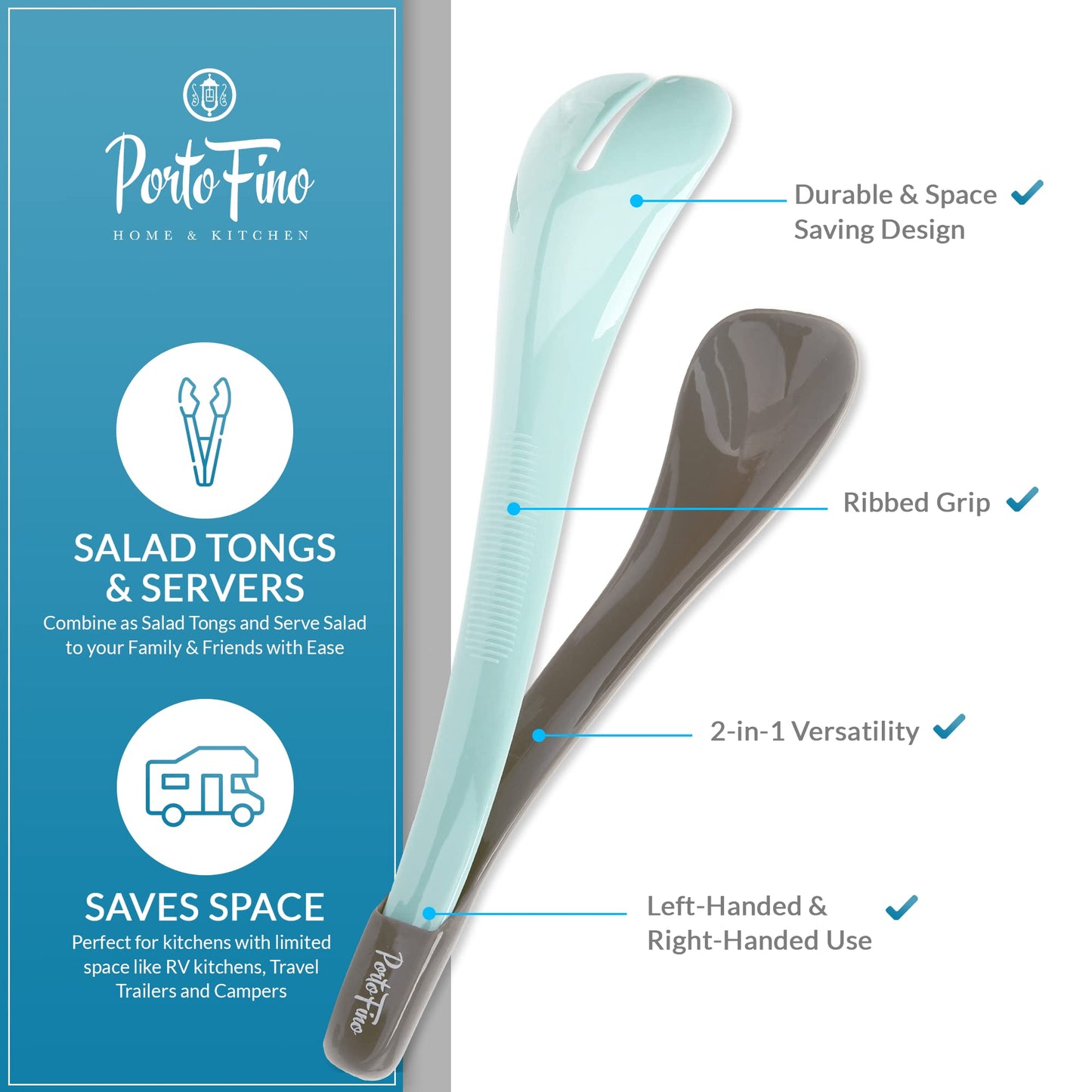 PortoFino Salad Tongs for Serving, Salad Serving Utensils, 2 in 1 Salad Tosser, Salad Serving Tools, Lightweight, Nesting Design Easy to Store, Dishwasher Safe, Plastic, Blue