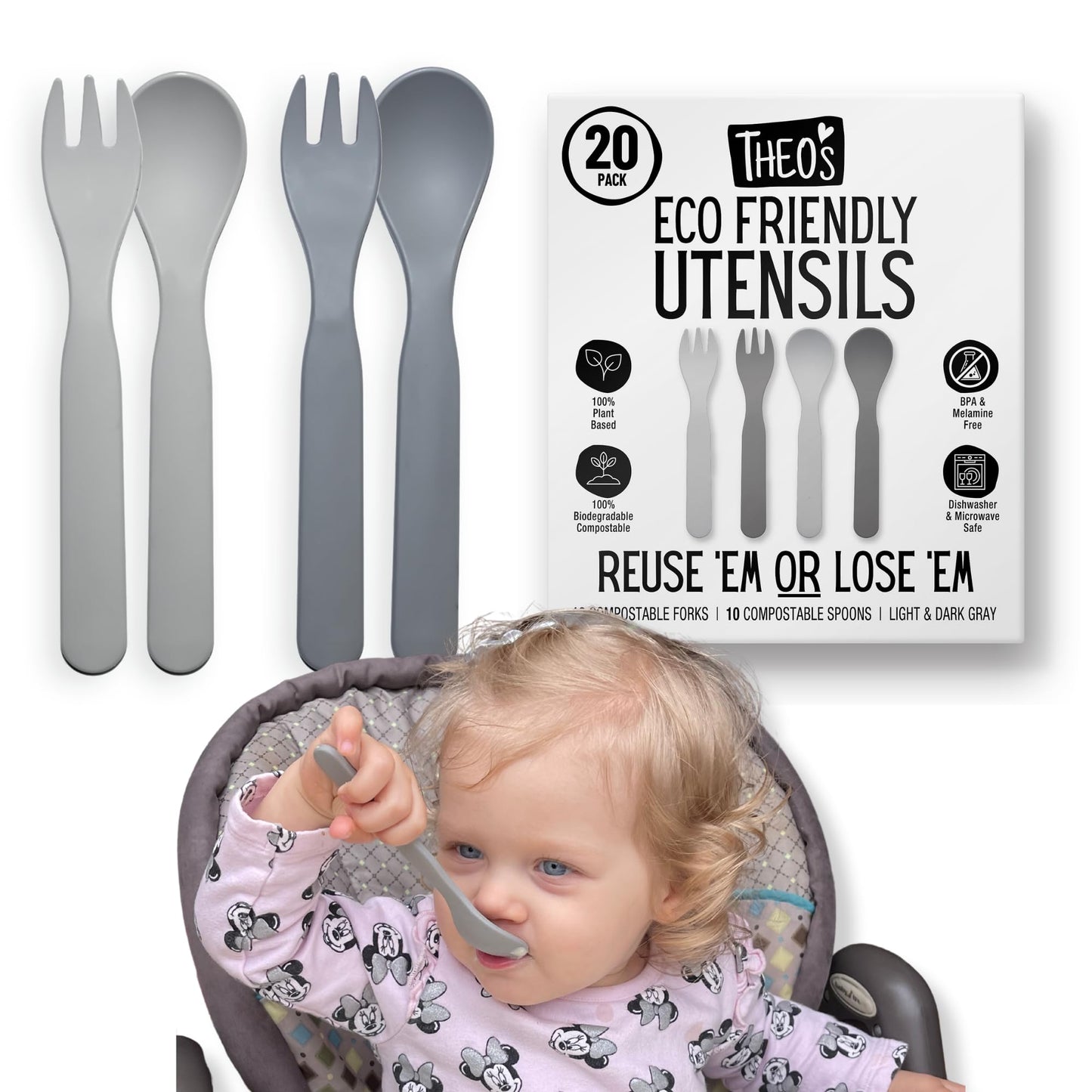 THEO'S 20 Pack Eco-Friendly Utensils for Baby & Toddler | 100% Biodegradable + Compostable 5.0"x1.2" Plant Based Spoons & Forks (10 each) | BPA Free, Dishwasher + Microwave Safe, Light & Dark Gray