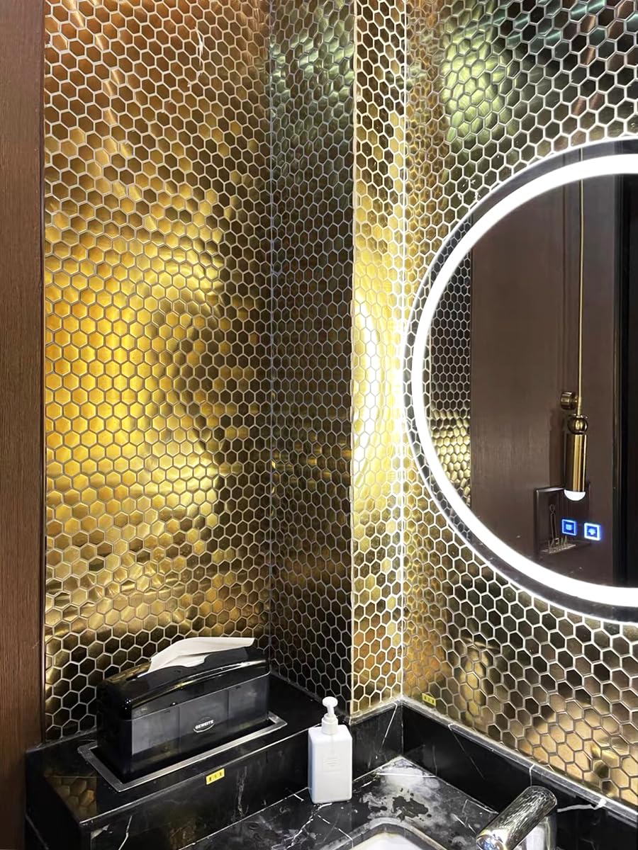 Primoon Hexagon Gold Backsplash Tile, Mosaic Sheets 12''x12'' Mesh Mounted Golden 1 Inch, Brushed Shiny Gold Tiles for Kitchen Bathroom Shower Wall Floor Accent Tile Hotel Lobby Décor【5 Sheets】