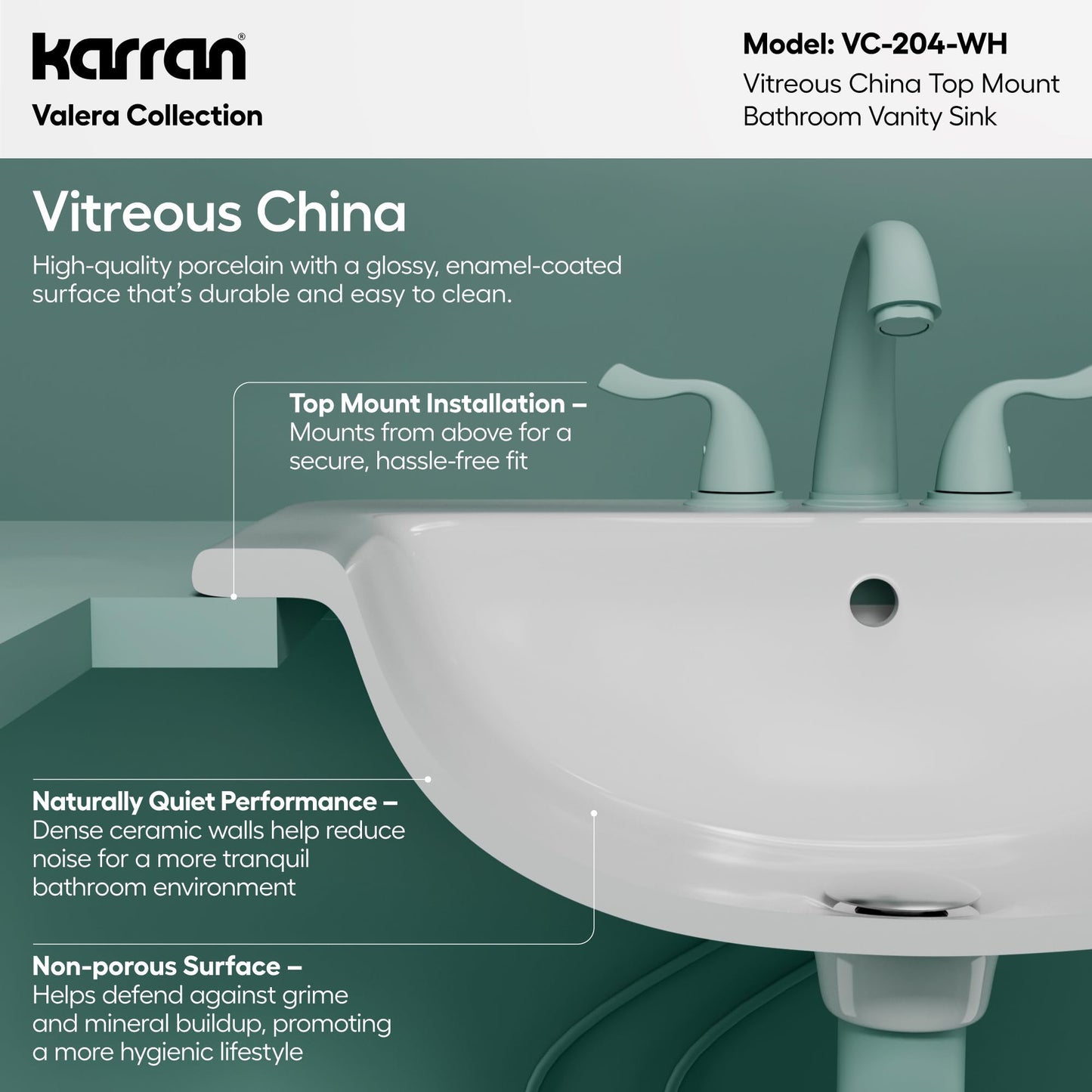 Karran Valera 21" Rectangle Top Mount Bathroom Sink in White – Vitreous China Vanity Bowl – Rear-Center Drain, Overflow, Gloss Finish – Inside Bowl 16.5" x 11.25" x 5.5" – VC-204-WH
