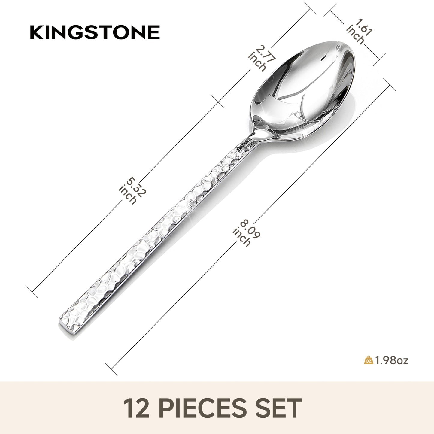 KINGSTONE 8.09-inches Hammered Dinner Spoons Set, 12-Piece 18/10 Stainless Steel Tablespoons, Food Grade Silverware Spoons for Home, Kitchen, Weddings, Parties or Restaurant, Dishwasher Safe
