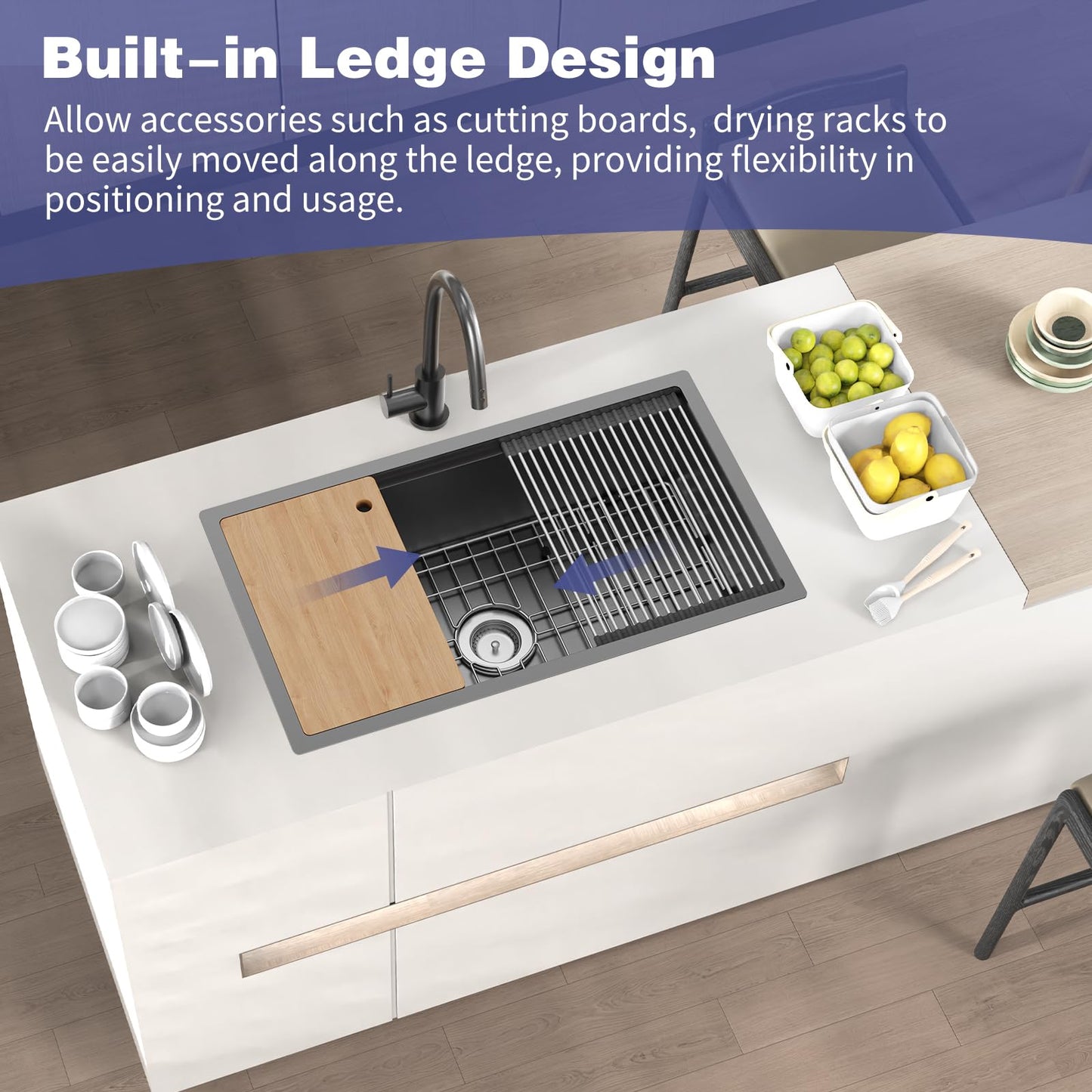 Black Kitchen Sink Workstation,32"x18" Stainless Steel Undermount Single Bowl Sink Built-in Ledge Drop In Workstation Sink Design For Placing/Sliding Accessories-Cutting Board,Drying Rack