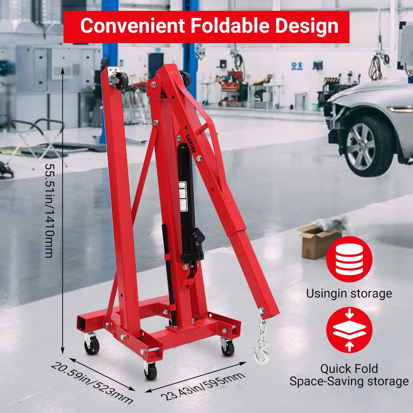 Garvee 2 Ton Engine Hoist, Folding Cherry Picker Hydraulic, 4400Lbs Heavy Duty with Lever & 6 Casters for Workshops Garage Warehouse