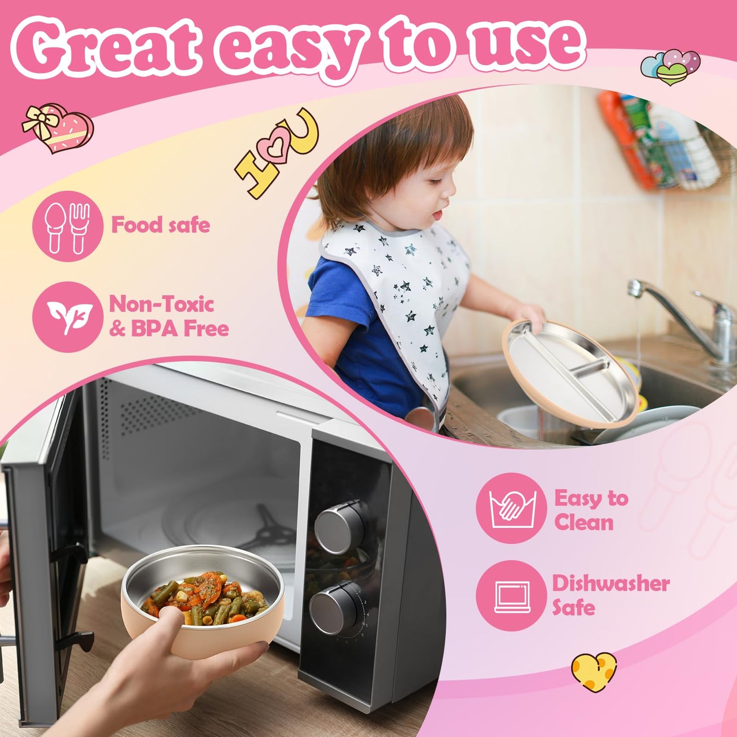 Honeydak 2 Pack Stainless Steel Baby Plates and Bowls with Suction & 2 Pack Spoons and Forks Set Kid Gift Toddler Utensil Baby Feeding Set Divided Plates for Weaning Supplies(Pink,Matte Tan)