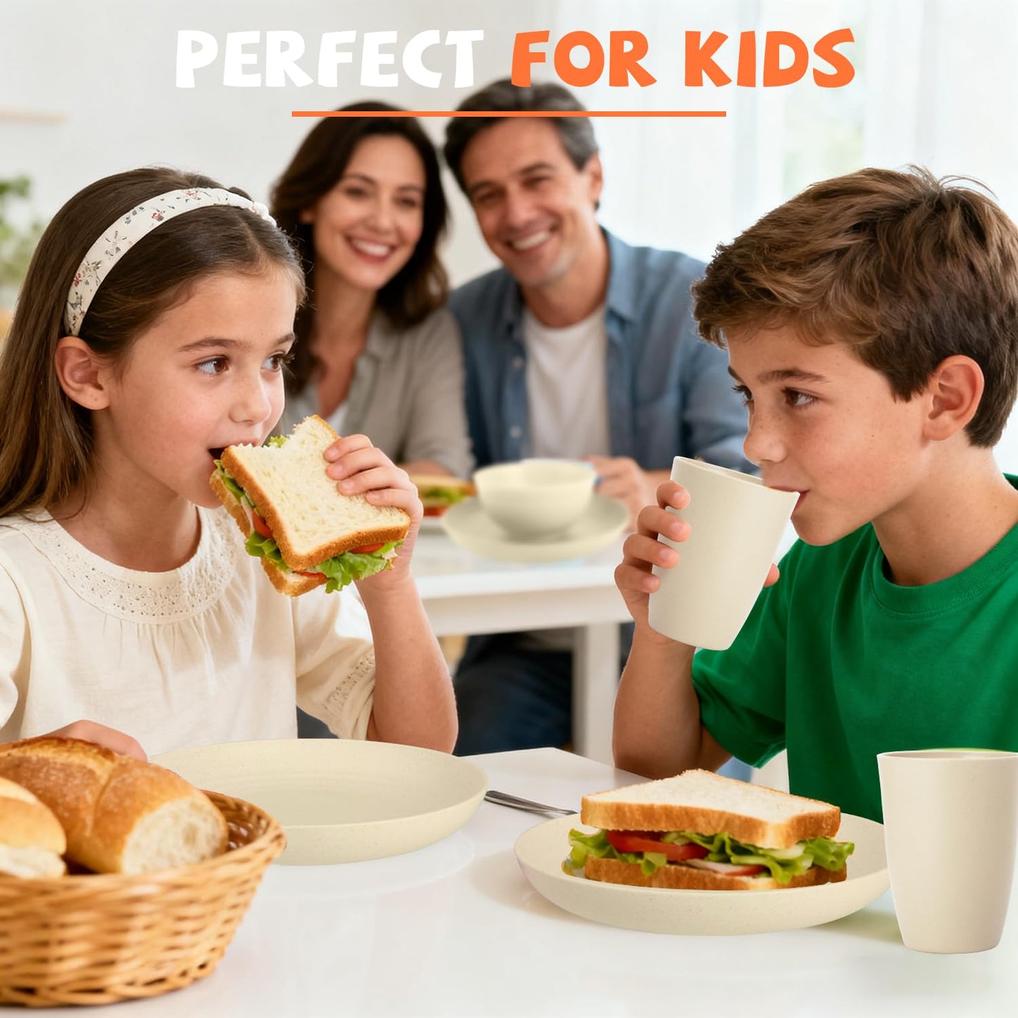 Perlapoc Kitchen Wheat Straw Dinnerware Sets for 4, Unbreakable Kids Dish Set 20 PCS - Dinner Plate/Cereal Bowl/Cup/Fork/Spoon, for Outdoor Camping, RV, Apartment Essentials - Beige
