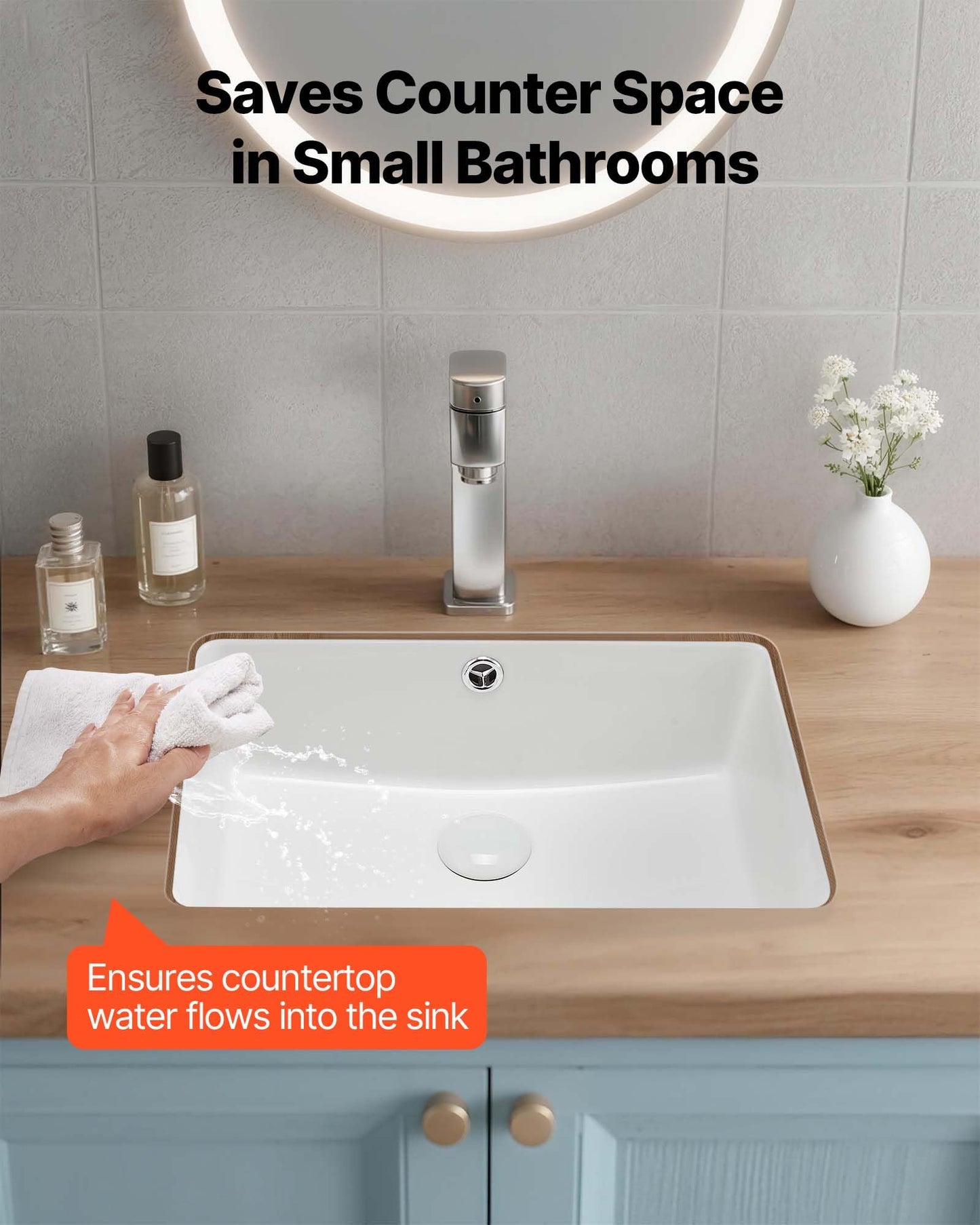VEVOR Undermount Bathroom Sink, 18.5 x 13.19 Inch Rectangular White Ceramic Vessel Sink with Overflow Hole, Under Counter Drop in Modern Lavatory Vanity Bath Wash Bowl Basin, Rectangle Small Space