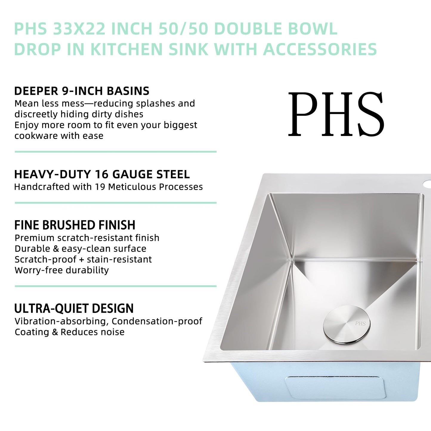 PHS 33 Inch Drop In Double Bowl Kitchen Sink 50/50-16 Gauge Stainless Steel Overmount Kitchen Sink 33x22 with Accessories, 9 Inch Deep Sinks with Brushed Finish