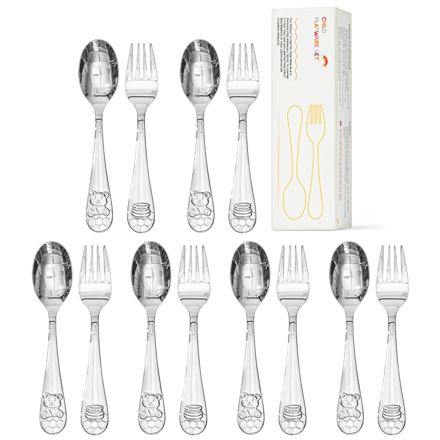 KINGSTONE Toddler Utensils Set, 12-Piece Small Forks & Spoons, 18/10 Stainless Steel, Ergonomic Self-Feeding Children’s Flatware for Home & Preschool, Honey Bear Print