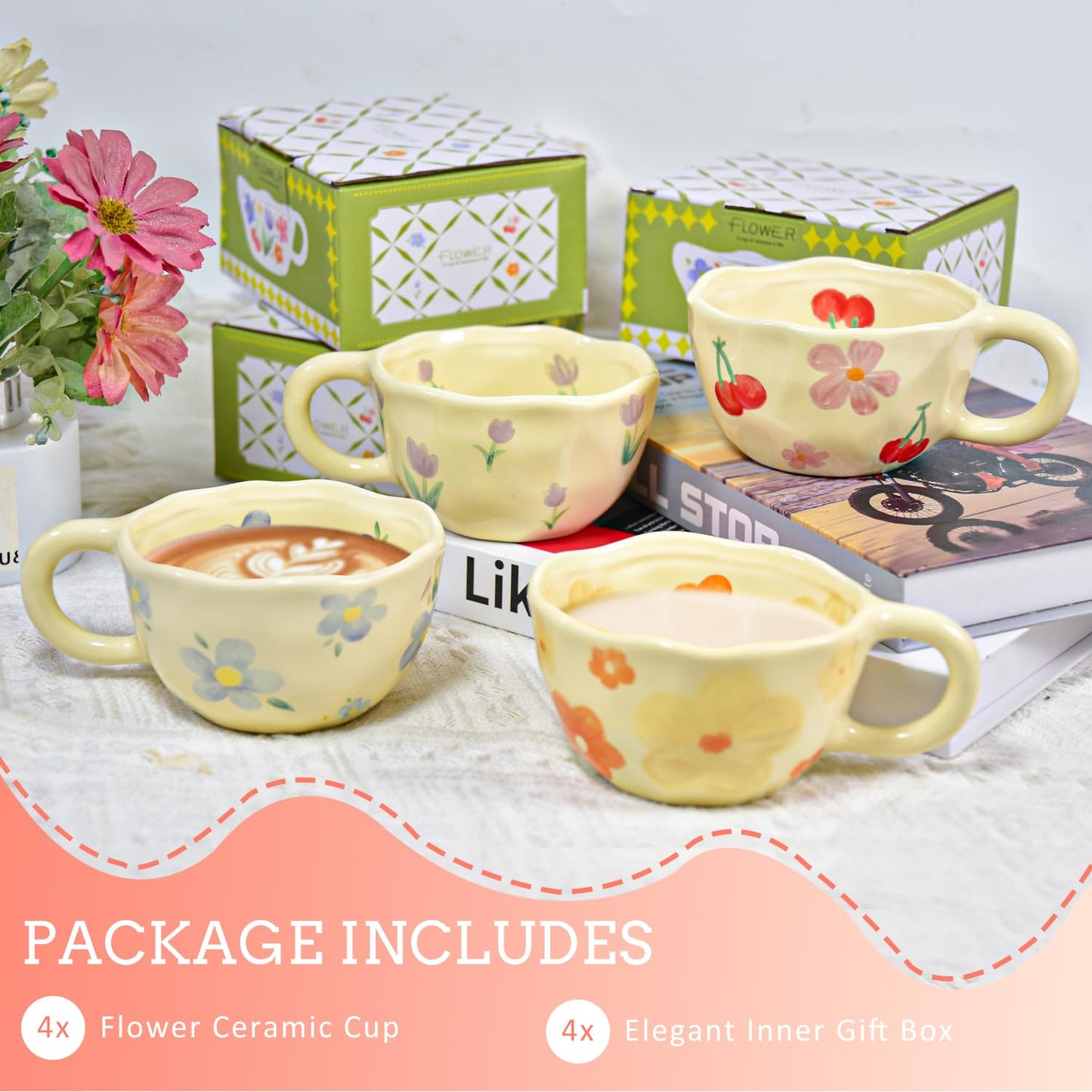4 Pack Coffee Mug, Ceramic Coffee Mugs, 8oz Cute Espresso Cups, Flower Porcelain Mug Set for Women Girl Tea Cappuccino Latte Gift