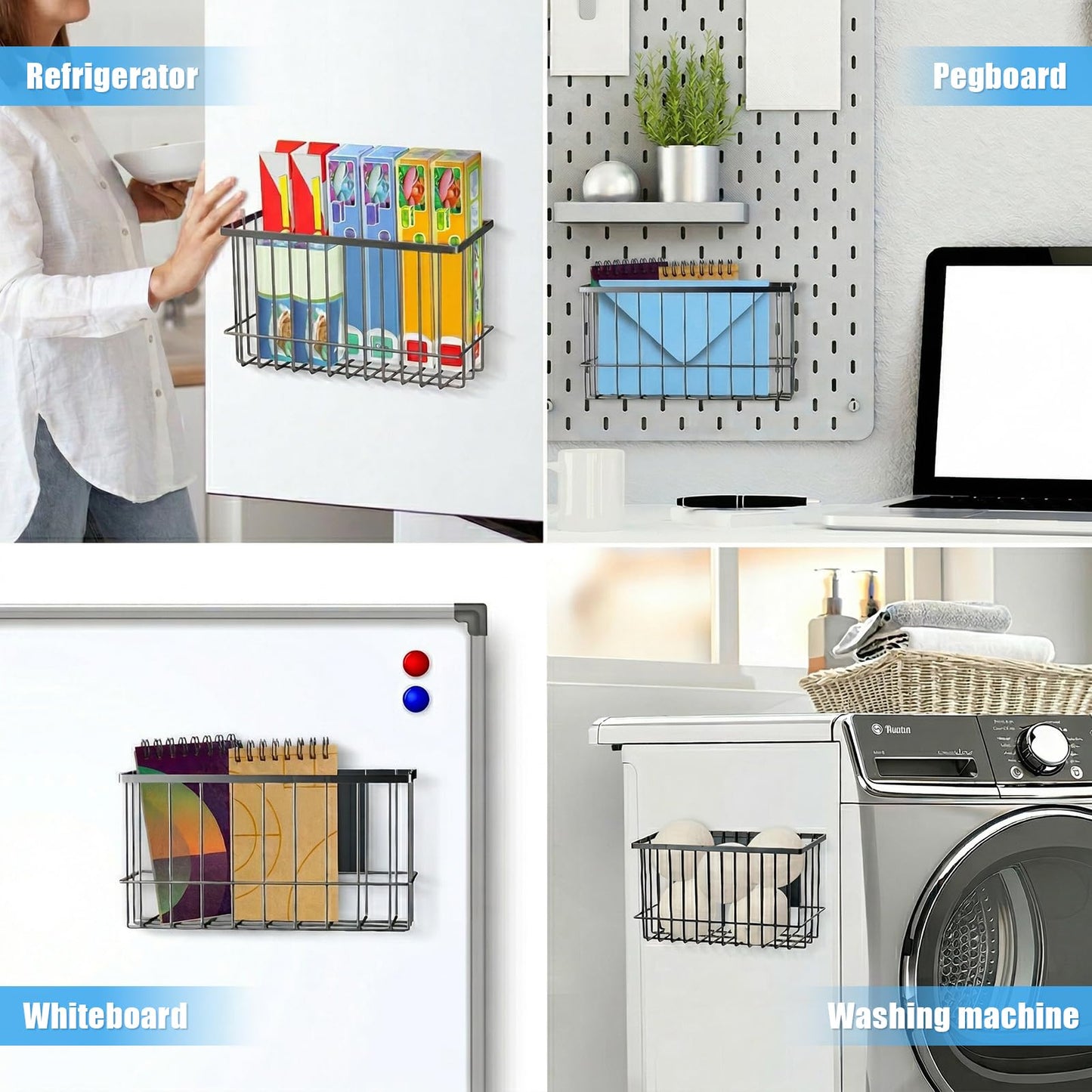 NiHome Magnetic Metal Basket Organizers, Dryer Ball Holder, 2PCS Medium & Small, Versatile Storage for Kitchen & Office Holds Up to 14 lbs, Easy Attach to Refrigerator or Any Magnetic Surface(Black)