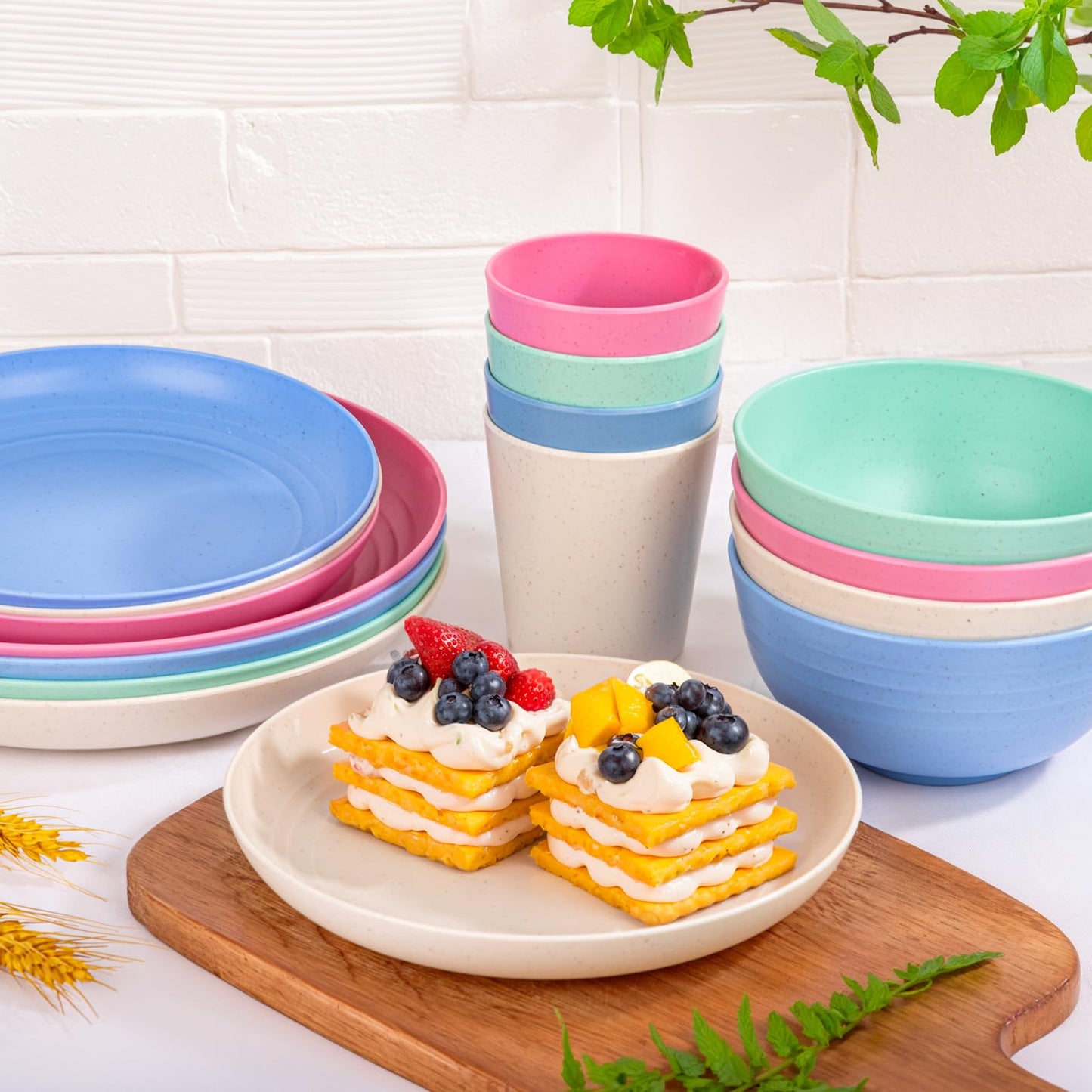 LIYH 36 Pcs Wheat Straw Dinnerware Set for 12,Plastic Plates Reusable,Camping Plates and Bowls Set,Dishwasher Safe Dinnerware,Unbreakable Plate Pink Green Blue Beige