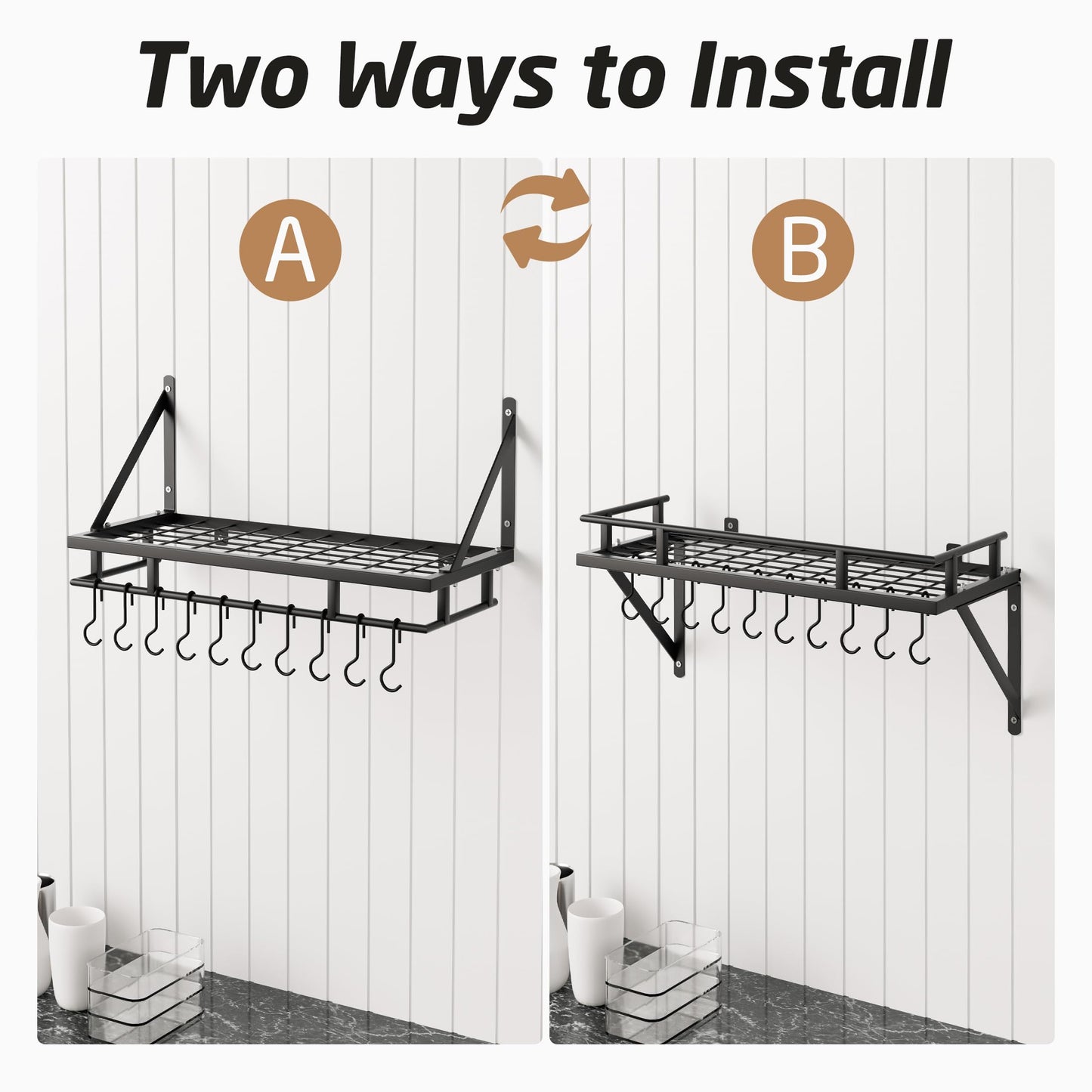 KES 24 Inch Kitchen Pot Pan Rack Wall Mounted Hanging Storage Organizer Wall Shelf With Hooks Matte Black, KUR215S60-BK