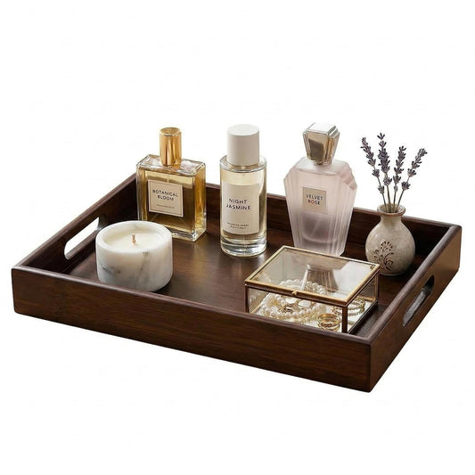Perfume Plate Tray with Handle - Natural Bamboo Wood Display Tray for Dresser, Coffee Table, or Bathroom, 11.4x7.9 Inches, Jewelry and Perfume Organizer (1, Vintage)
